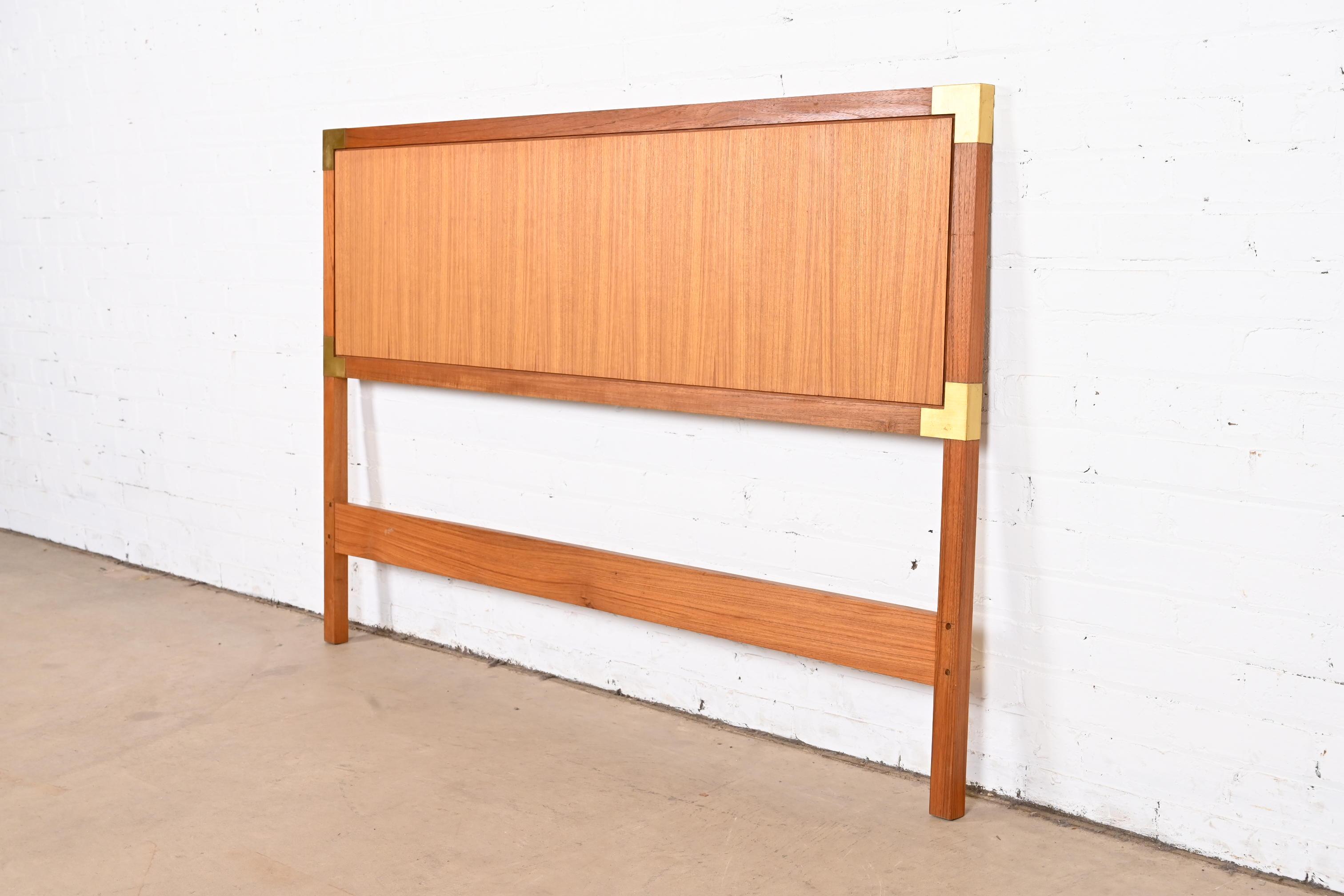 Midcentury Danish Modern Teak and Brass Campaign Queen Size Headboard In Good Condition In South Bend, IN