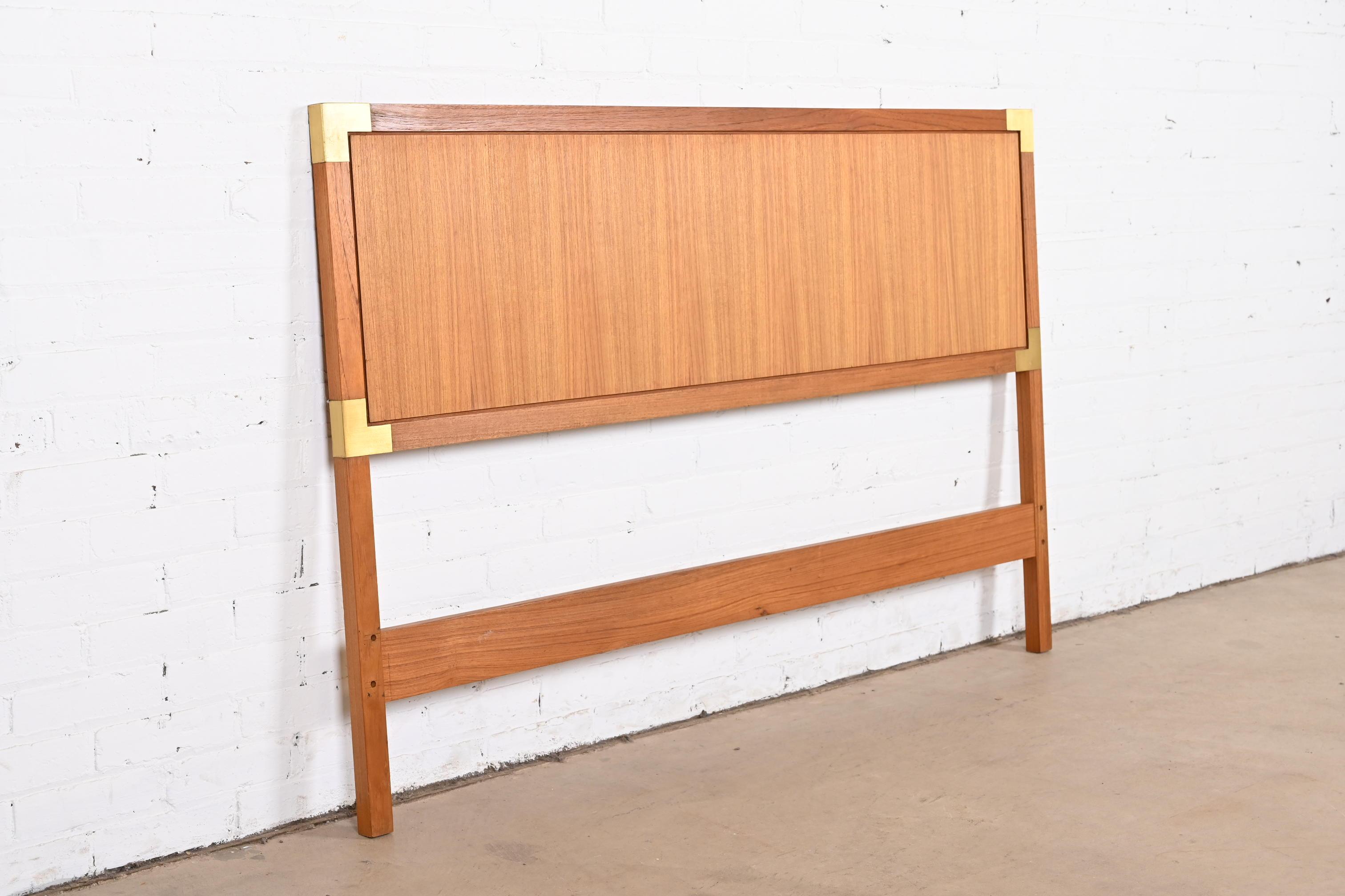 Midcentury Danish Modern Teak and Brass Campaign Queen Size Headboard 1