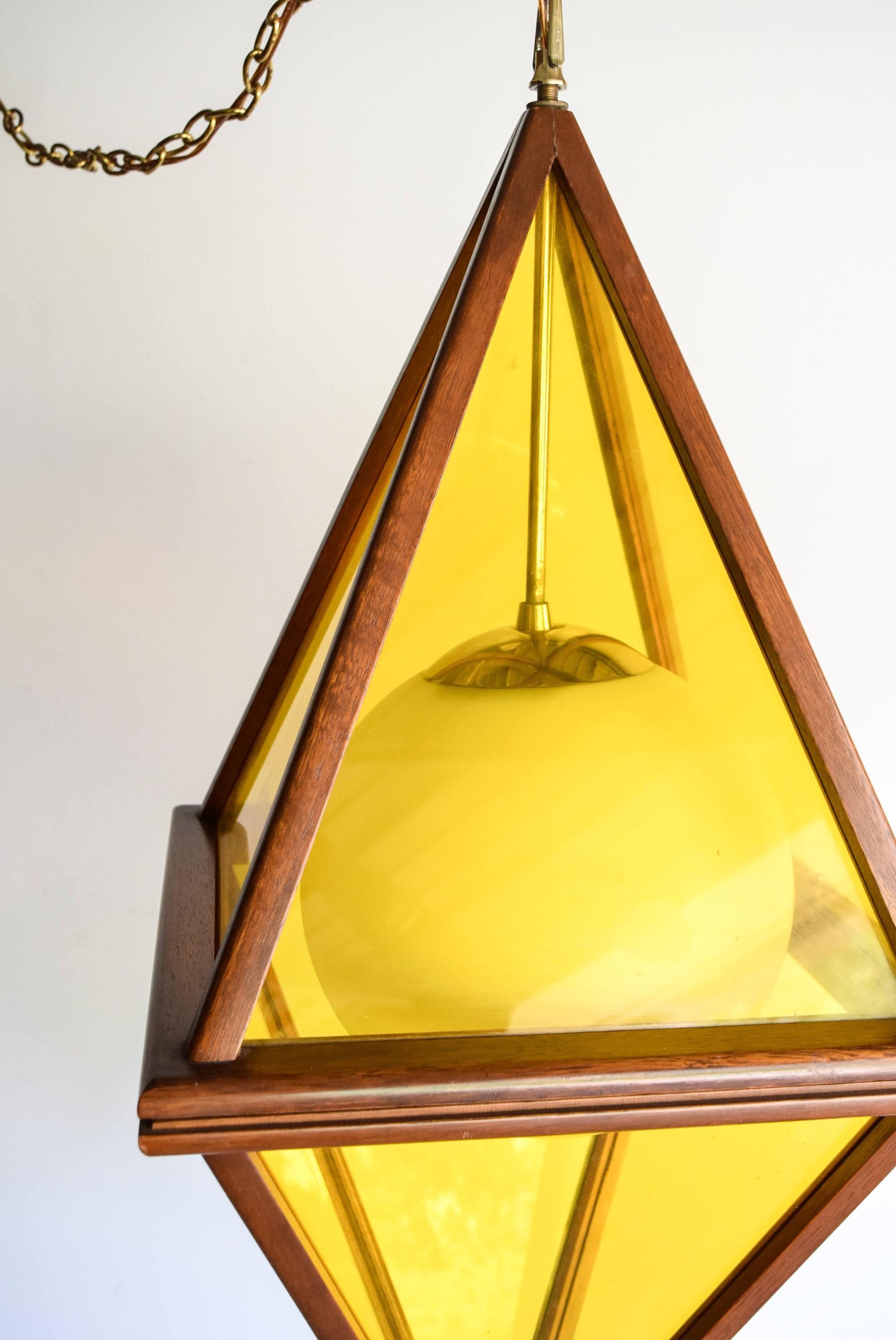 Mid-Century Modern Midcentury Danish Modern Teak and Yellow Acrylic Hanging Pendant Light For Sale