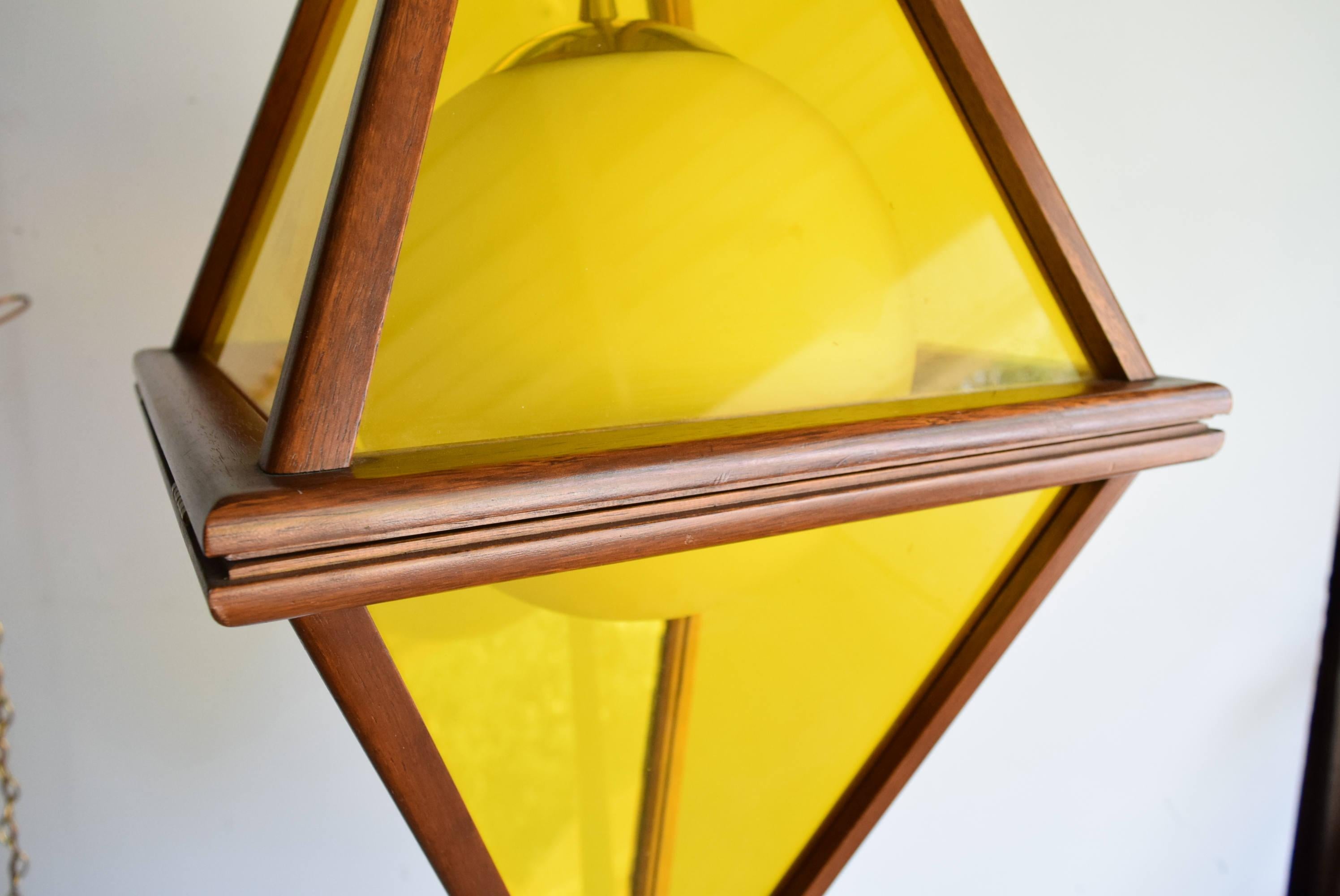 Midcentury Danish Modern Teak and Yellow Acrylic Hanging Pendant Light In Good Condition For Sale In Detroit, MI