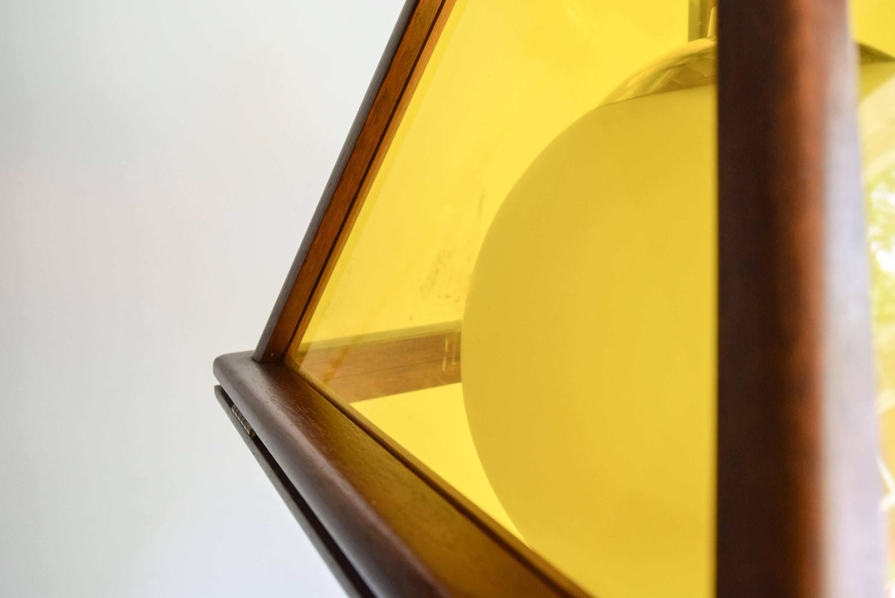 Midcentury Danish Modern Teak and Yellow Acrylic Hanging Pendant Light For Sale 1