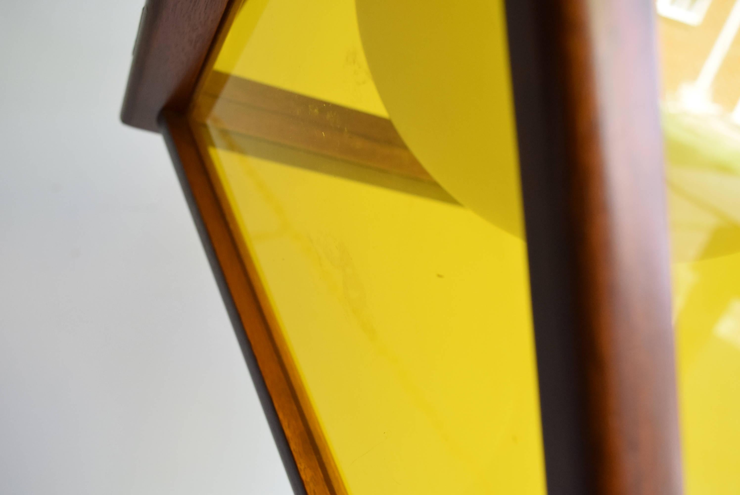 Midcentury Danish Modern Teak and Yellow Acrylic Hanging Pendant Light For Sale 2