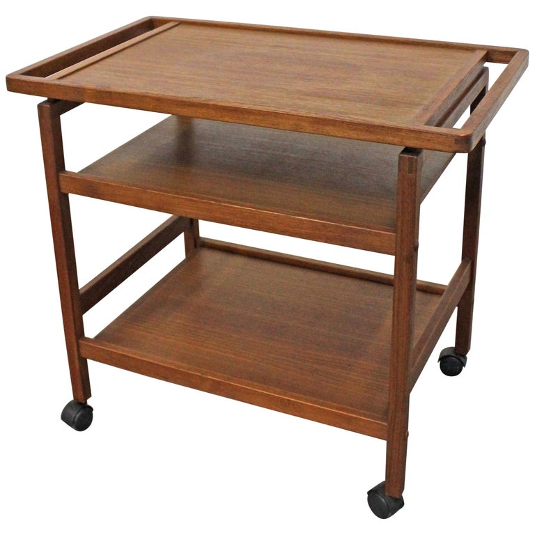 Midcentury Danish Modern Teak Bar/ Tea Serving Cart on Wheels at