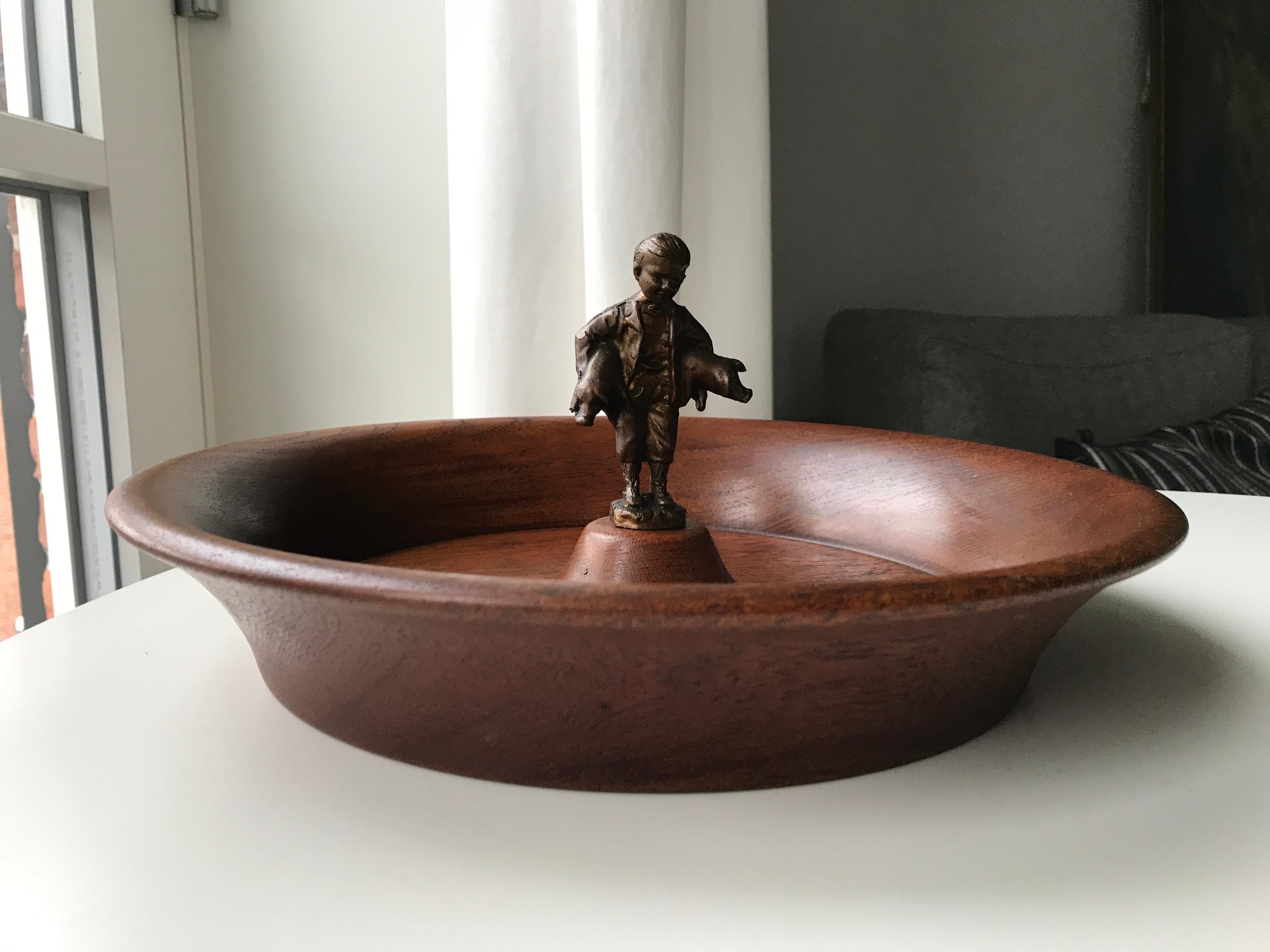 Mid-Century Danish Modern Teak Bowl with Metal Figurine In Good Condition In Copenhagen, DK