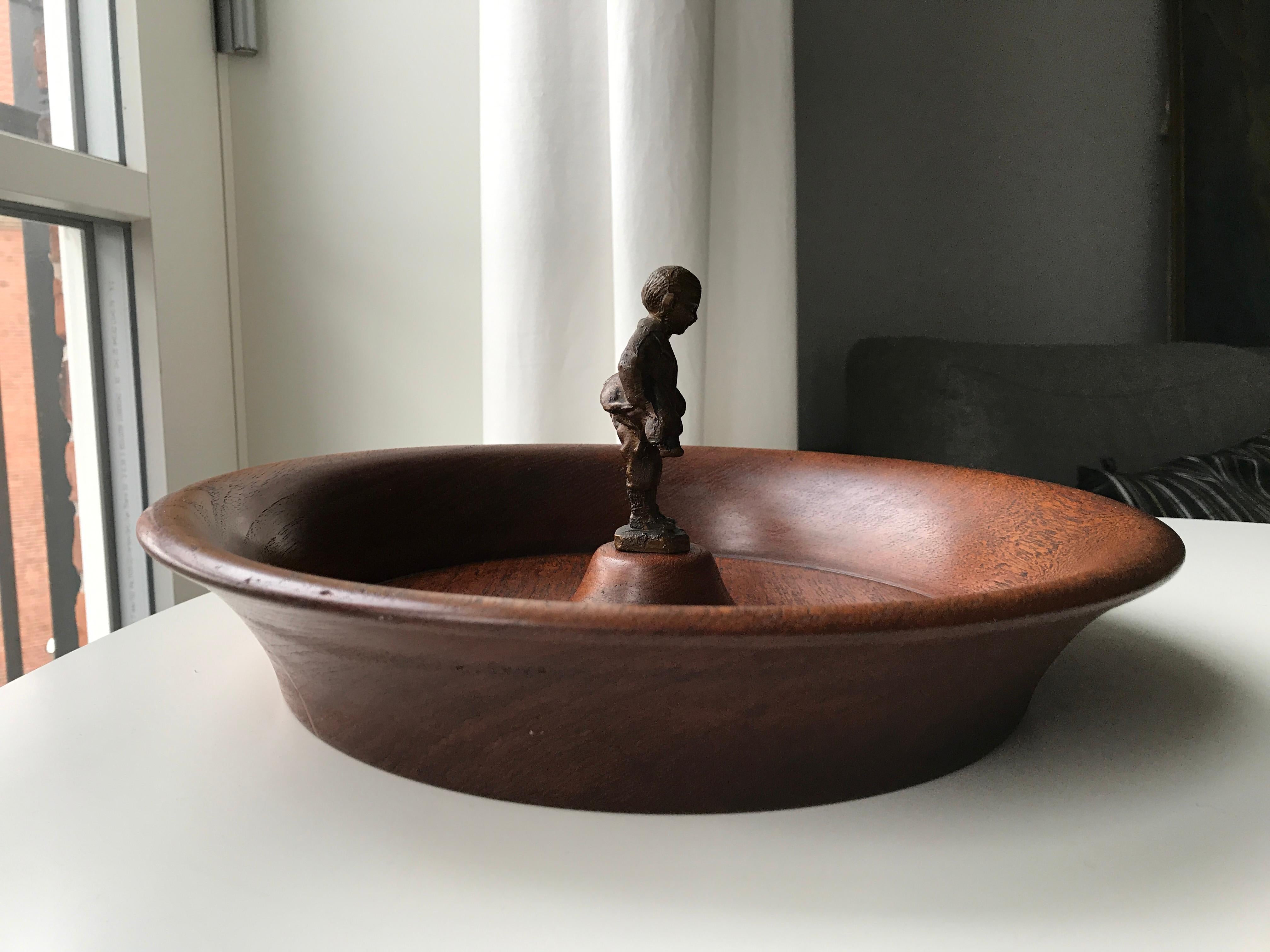 20th Century Mid-Century Danish Modern Teak Bowl with Metal Figurine