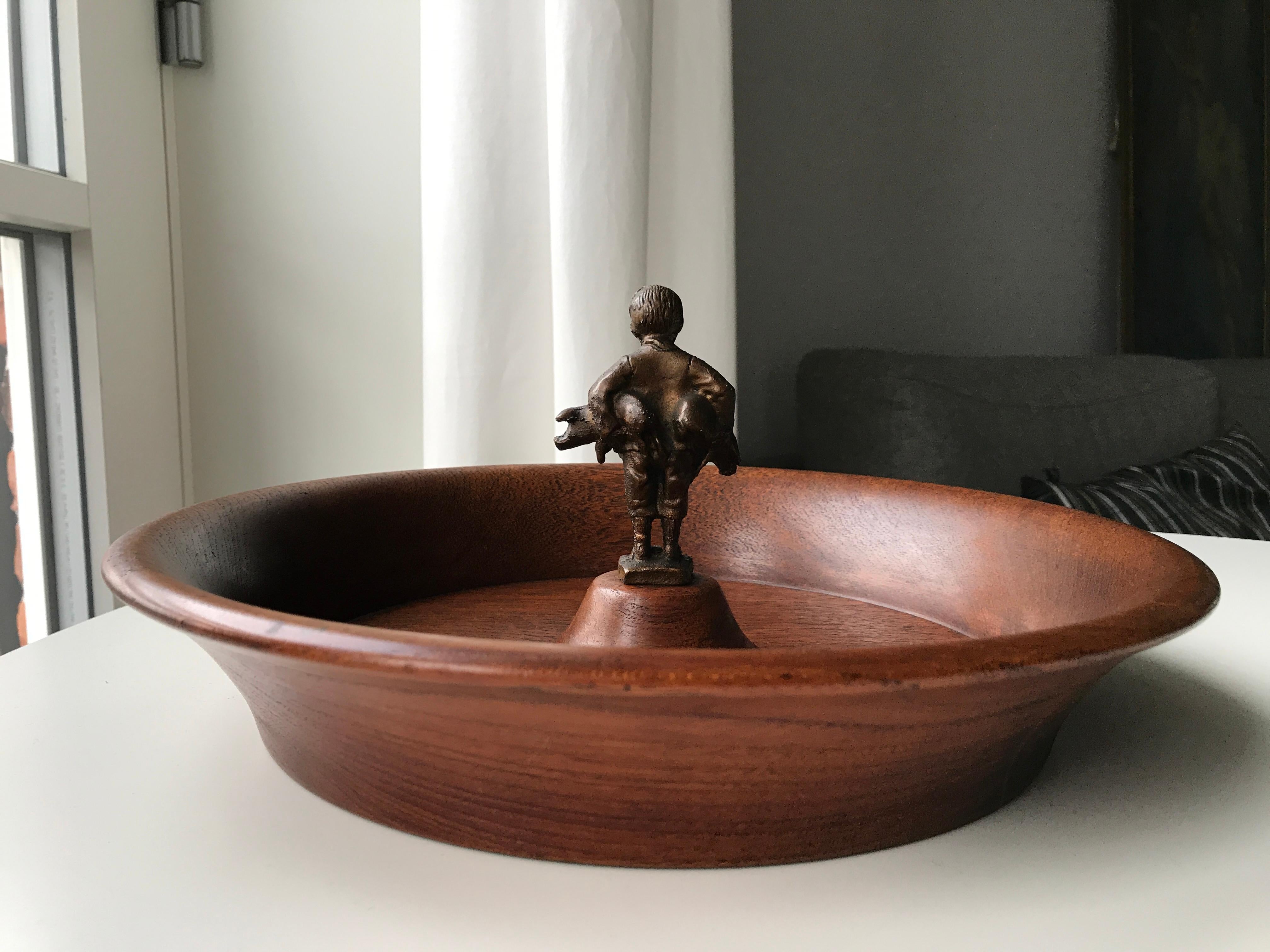 Mid-Century Danish Modern Teak Bowl with Metal Figurine 1