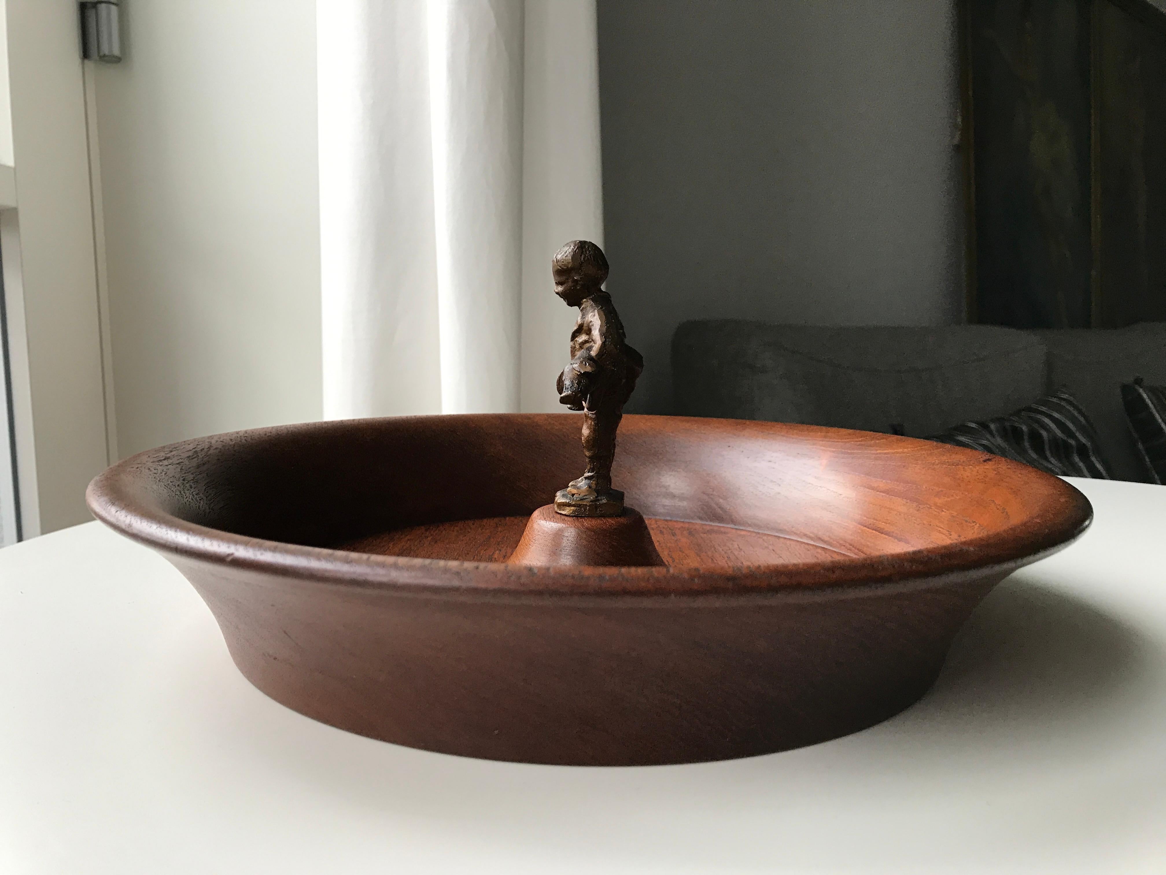 Mid-Century Danish Modern Teak Bowl with Metal Figurine 2