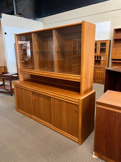 Mid Century Danish Modern Teak Buffet Display China Cabinet With Hutch And Light