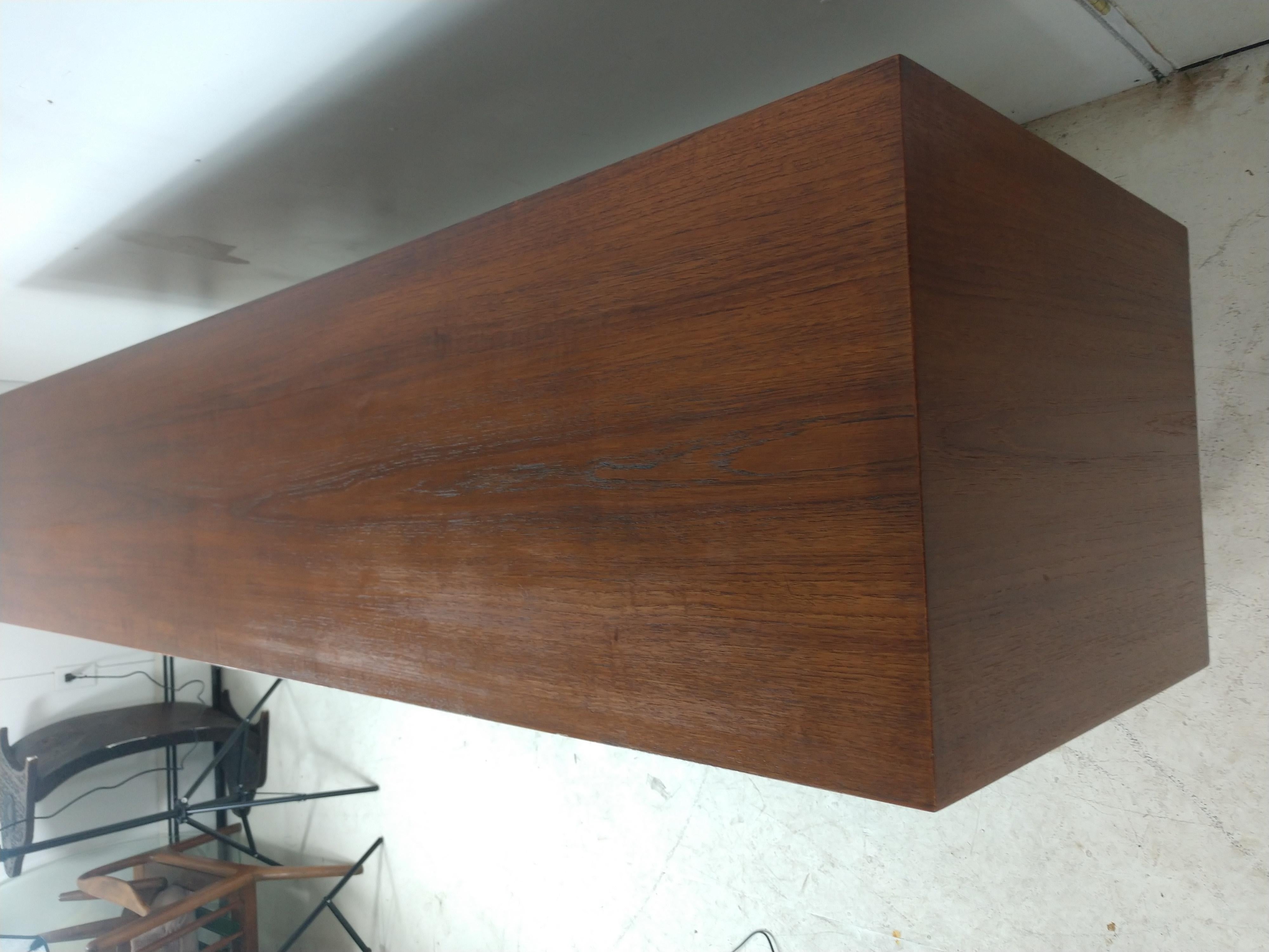 Maple Mid Century Modern Danish Teak Credenza with 3 Sliding Doors & Fitted Interior  For Sale
