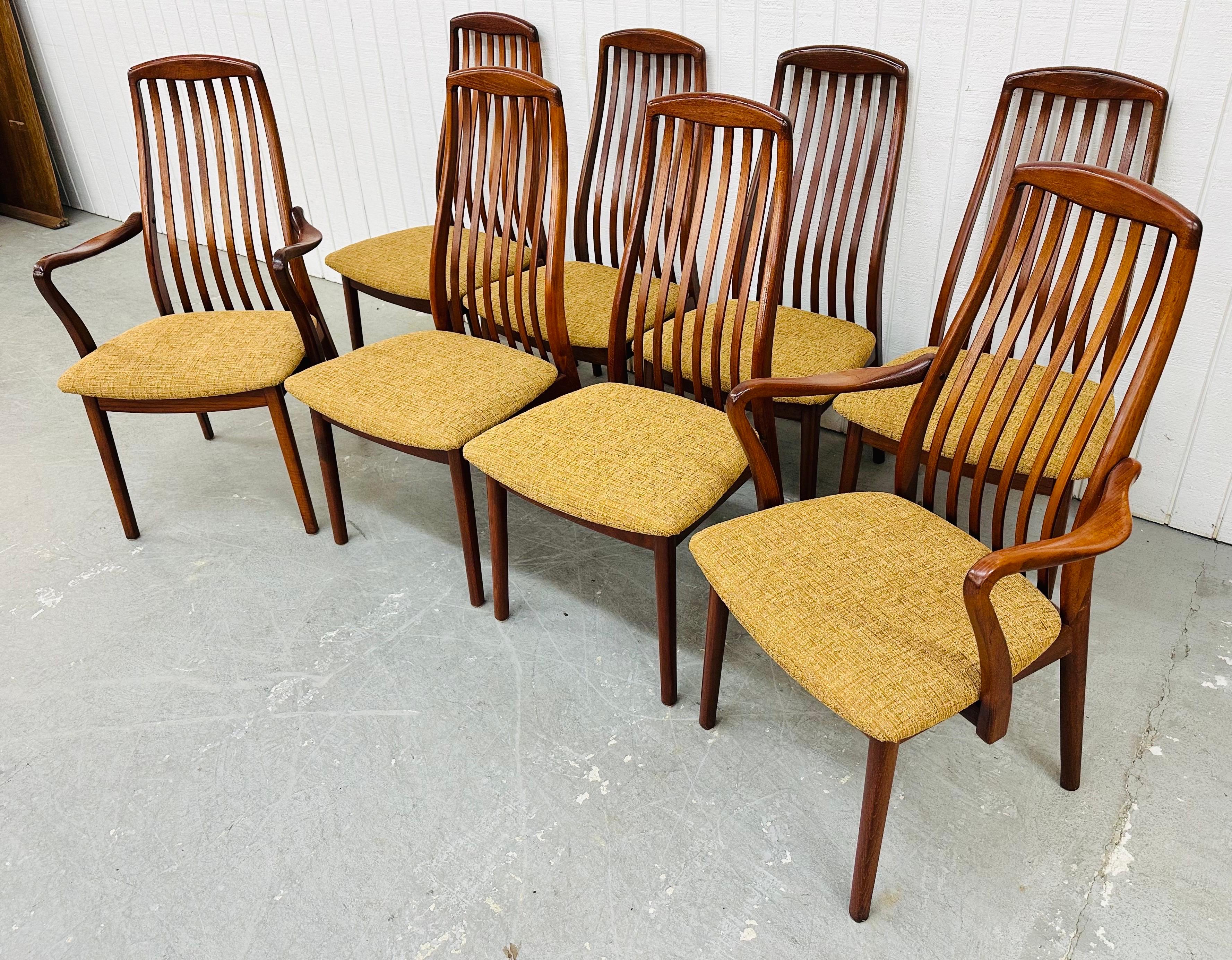 This listing is for a set of eight Mid-Century Danish Modern Teak Dining Chairs. Featuring a wavy high back design, two bentwood arm chairs, six side chairs, modern legs, and new golden upholstered seats. This is an exceptional combination of