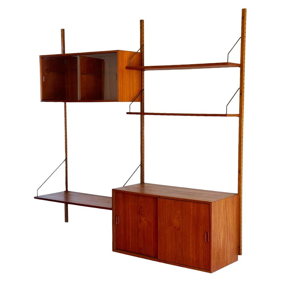 Brass Mid Century Danish Modern Teak Floating Shelves Cado Wall Unit by Poul Cadovius For Sale