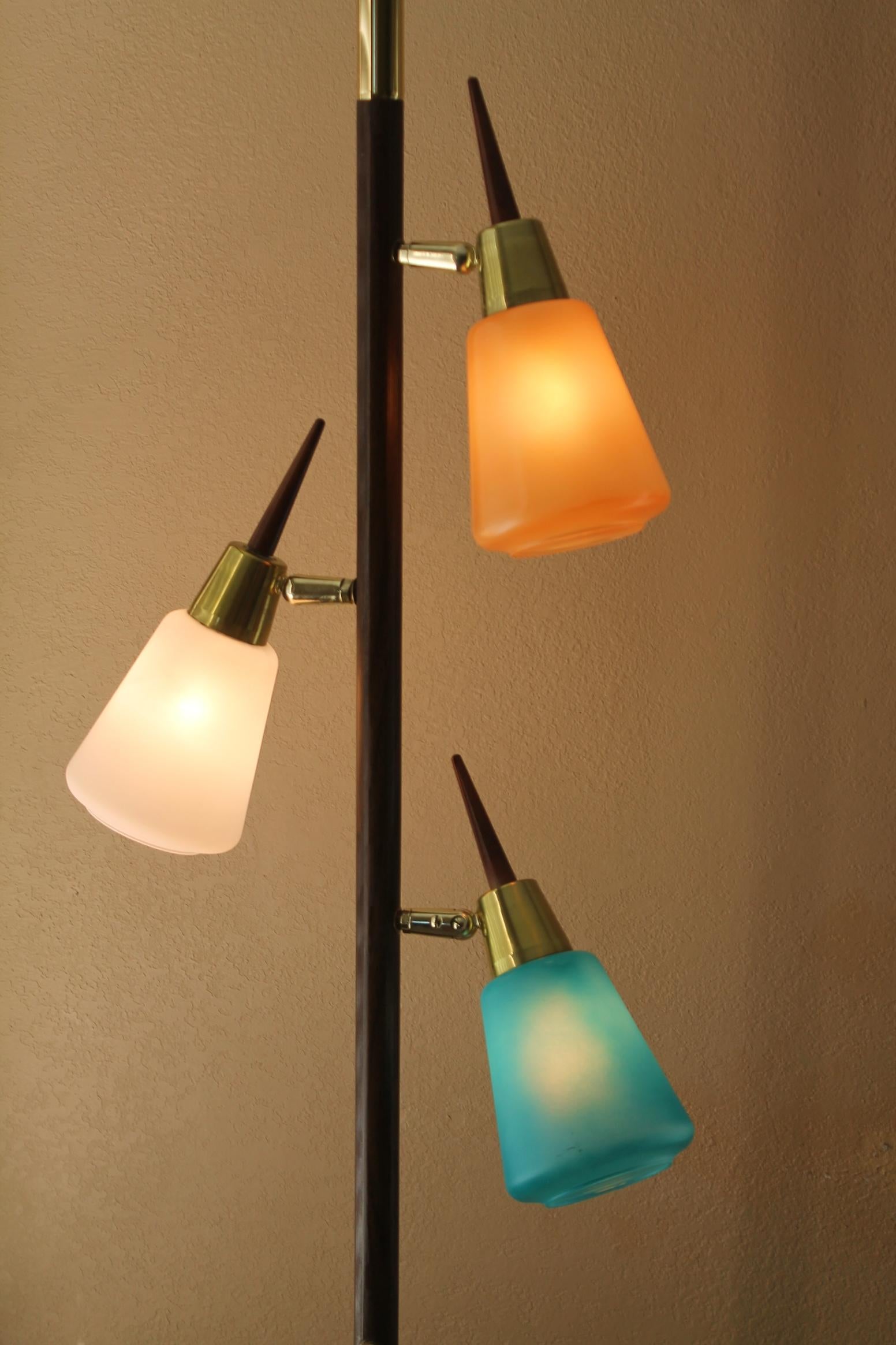Mid Century Danish Modern Teak & Glass Tension Pole Lamp 1950s Stiffel Era Decor 3