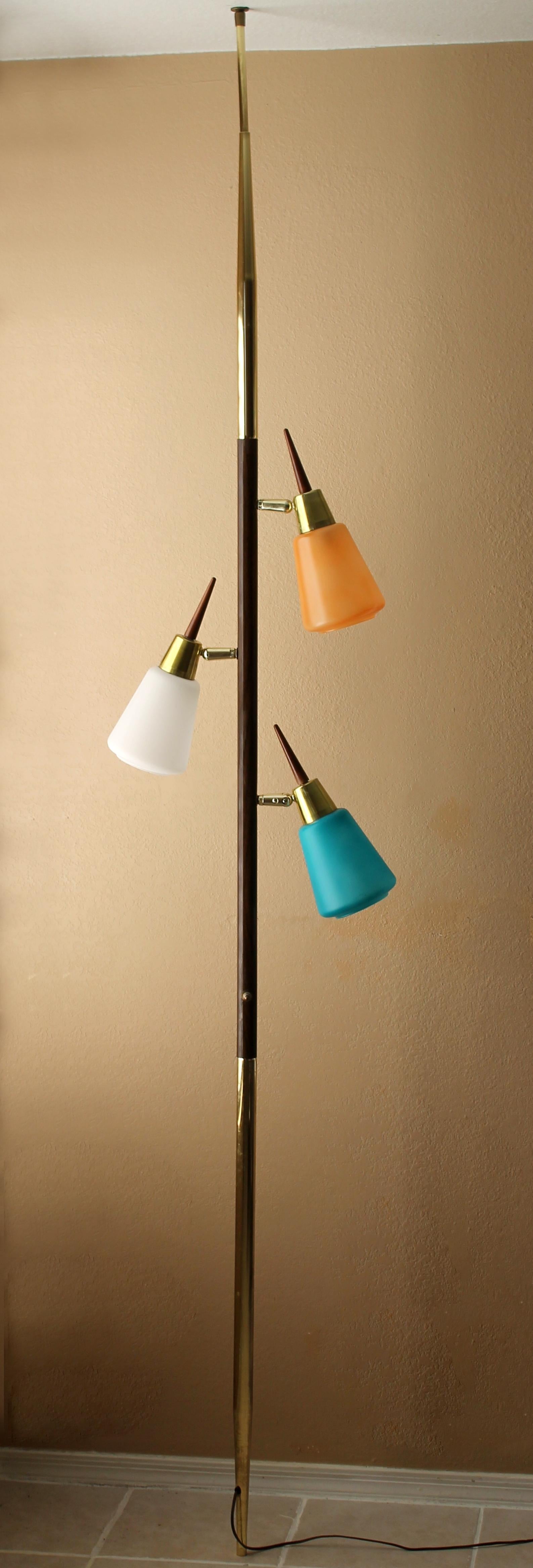 Mid Century Danish Modern Teak & Glass Tension Pole Lamp 1950s Stiffel Era Decor 4