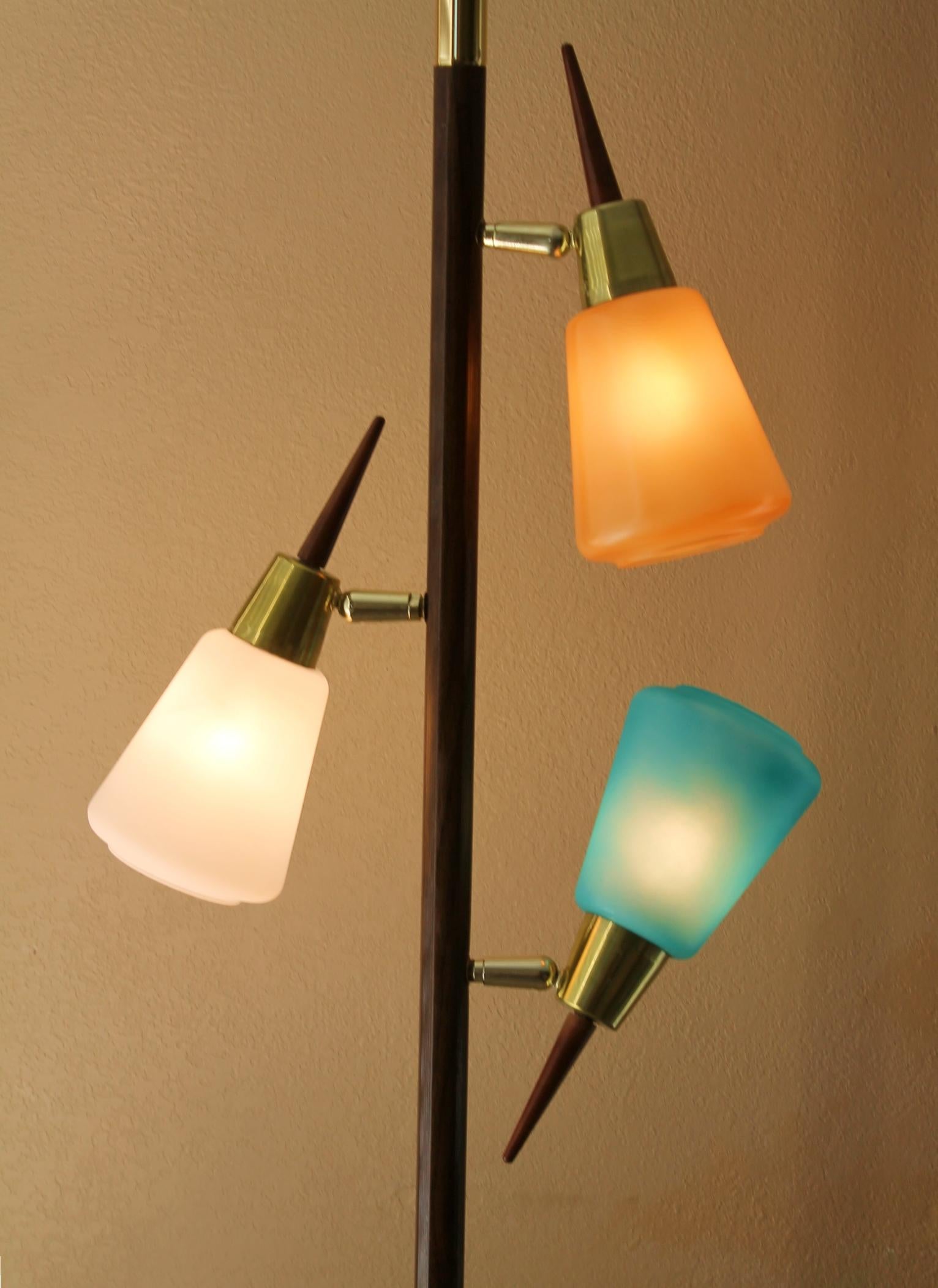 Mid Century Danish Modern Teak & Glass Tension Pole Lamp 1950s Stiffel Era Decor 8