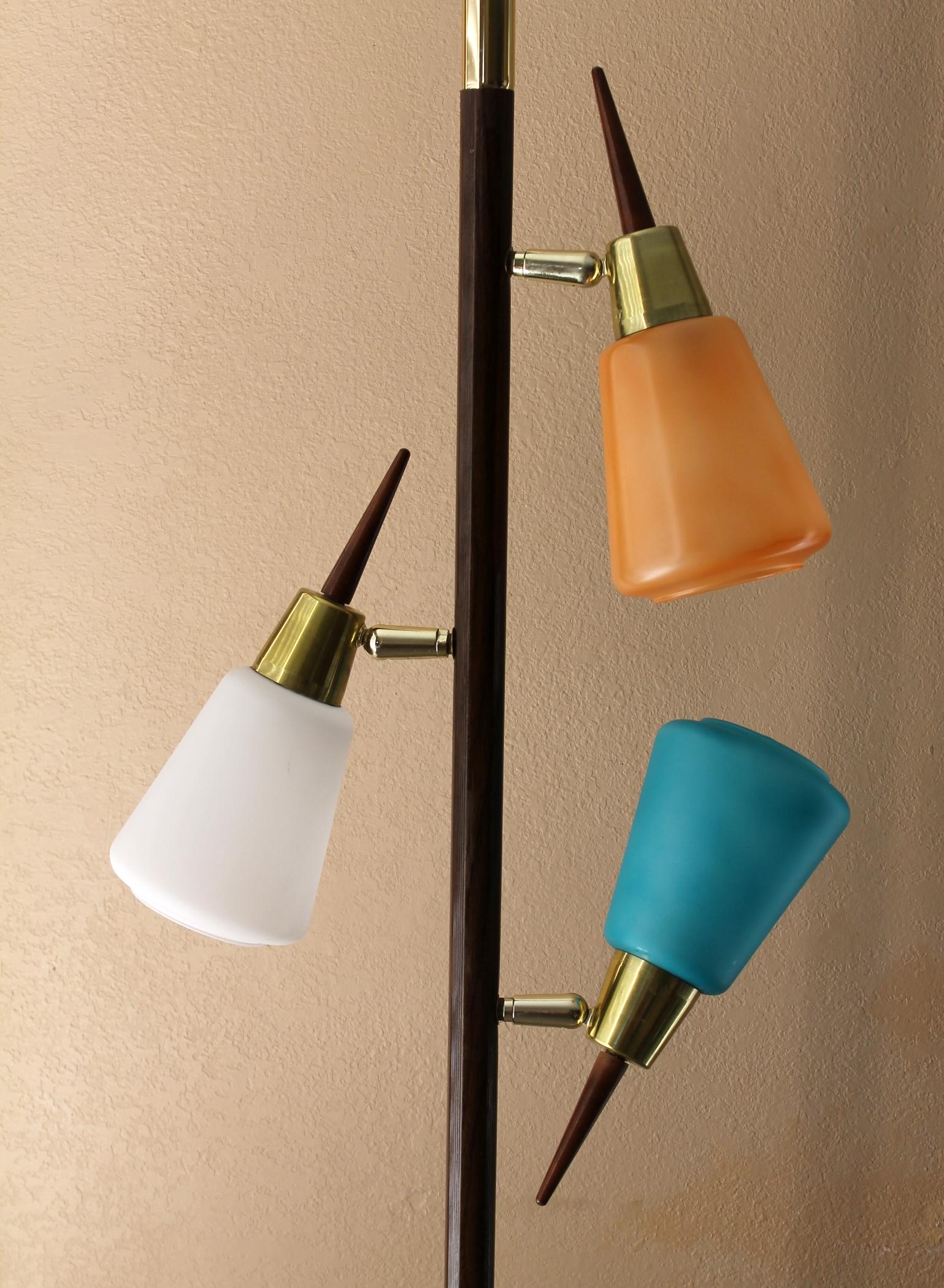 American Mid Century Danish Modern Teak & Glass Tension Pole Lamp 1950s Stiffel Era Decor