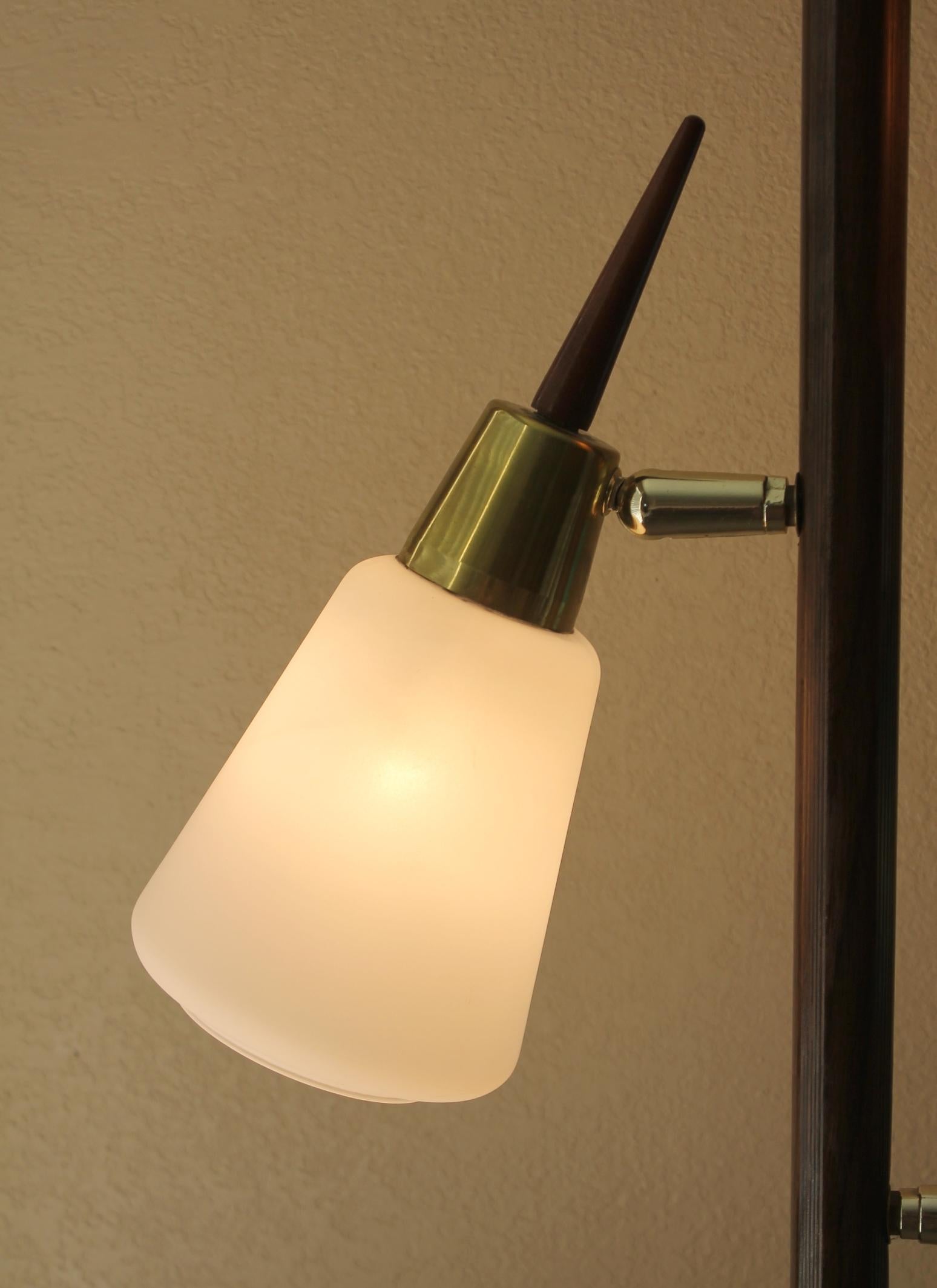 Metal Mid Century Danish Modern Teak & Glass Tension Pole Lamp 1950s Stiffel Era Decor