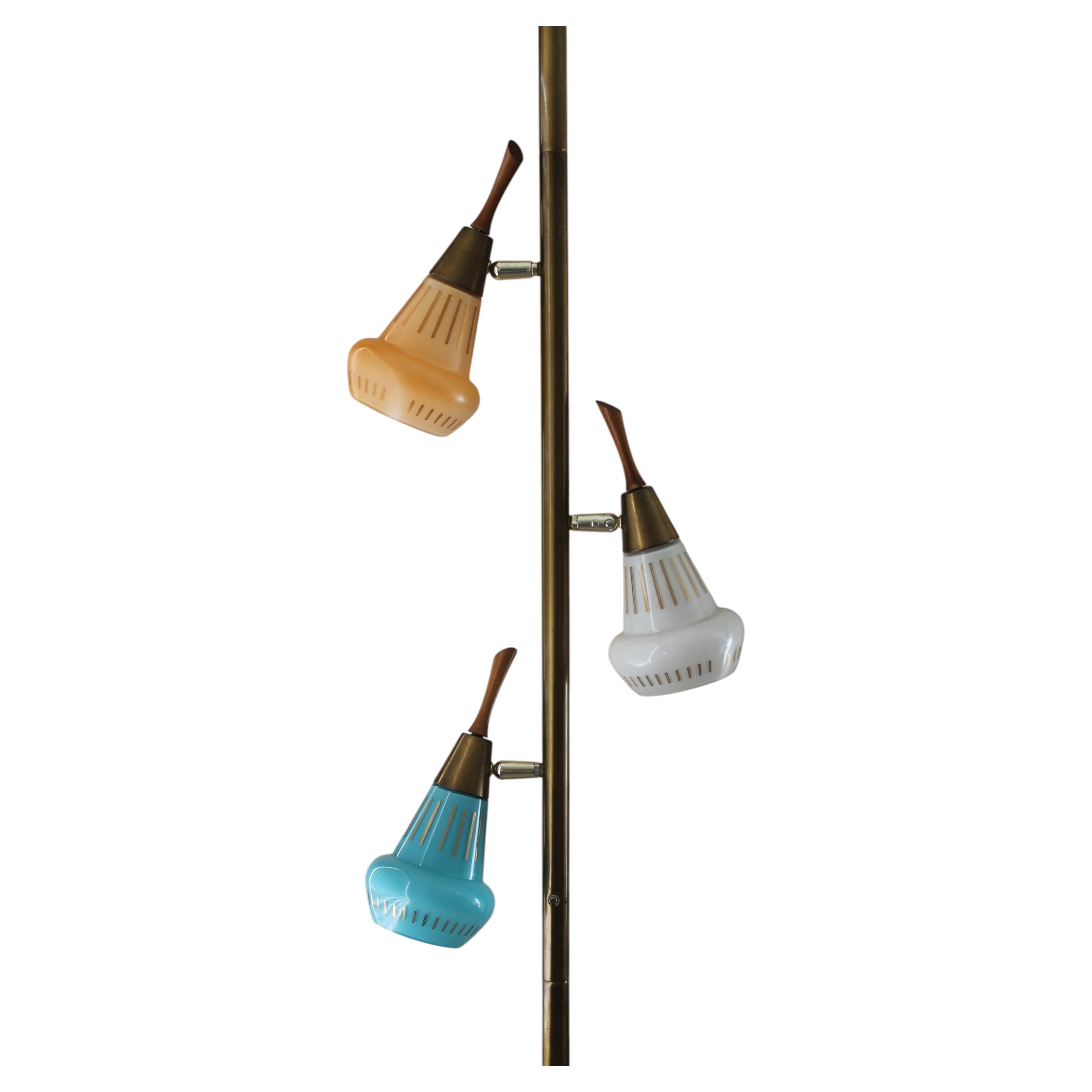 Mid Century Danish Modern Teak & Glass Tension Pole Lamp 1950s Stiffel Era Decor