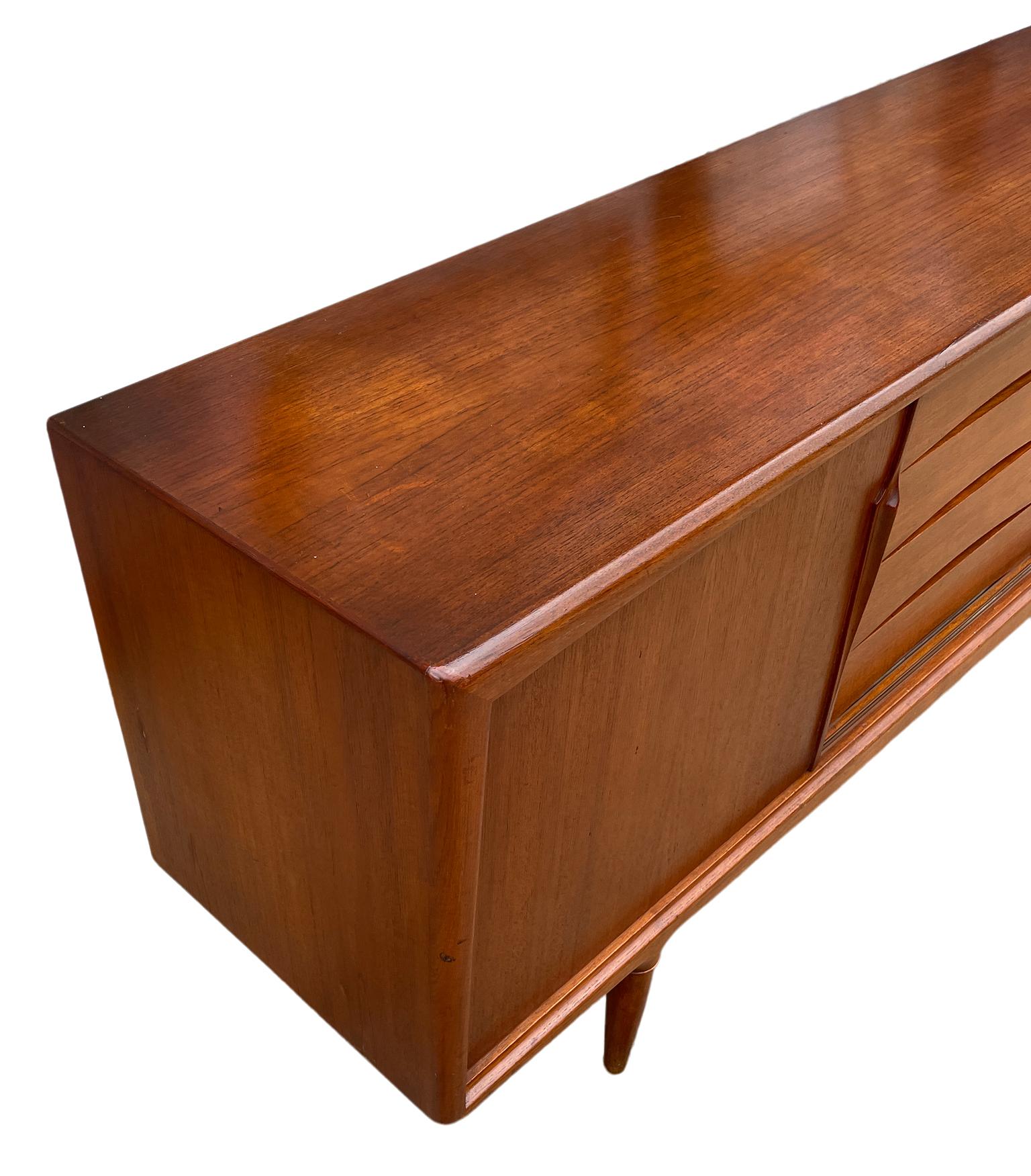 Mid Century Danish Modern Teak Gunni Omann 94 inch Credenza with 4 Drawers   In Good Condition For Sale In BROOKLYN, NY
