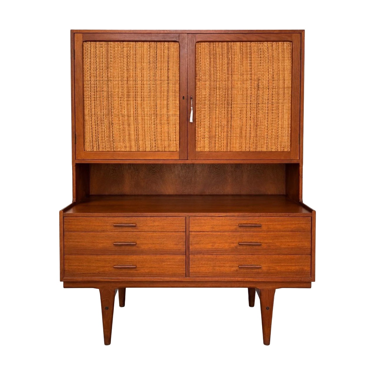 Mid-Century Danish Modern Teak Hutch With Woven Cane Doors For Sale