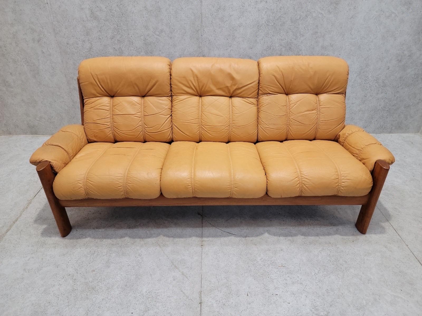Mid-Century Modern Mid Century Danish Modern Teak & Leather Sofa from Ekornes by Stressless For Sale