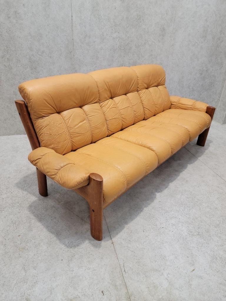20th Century Mid Century Danish Modern Teak & Leather Sofa from Ekornes by Stressless For Sale