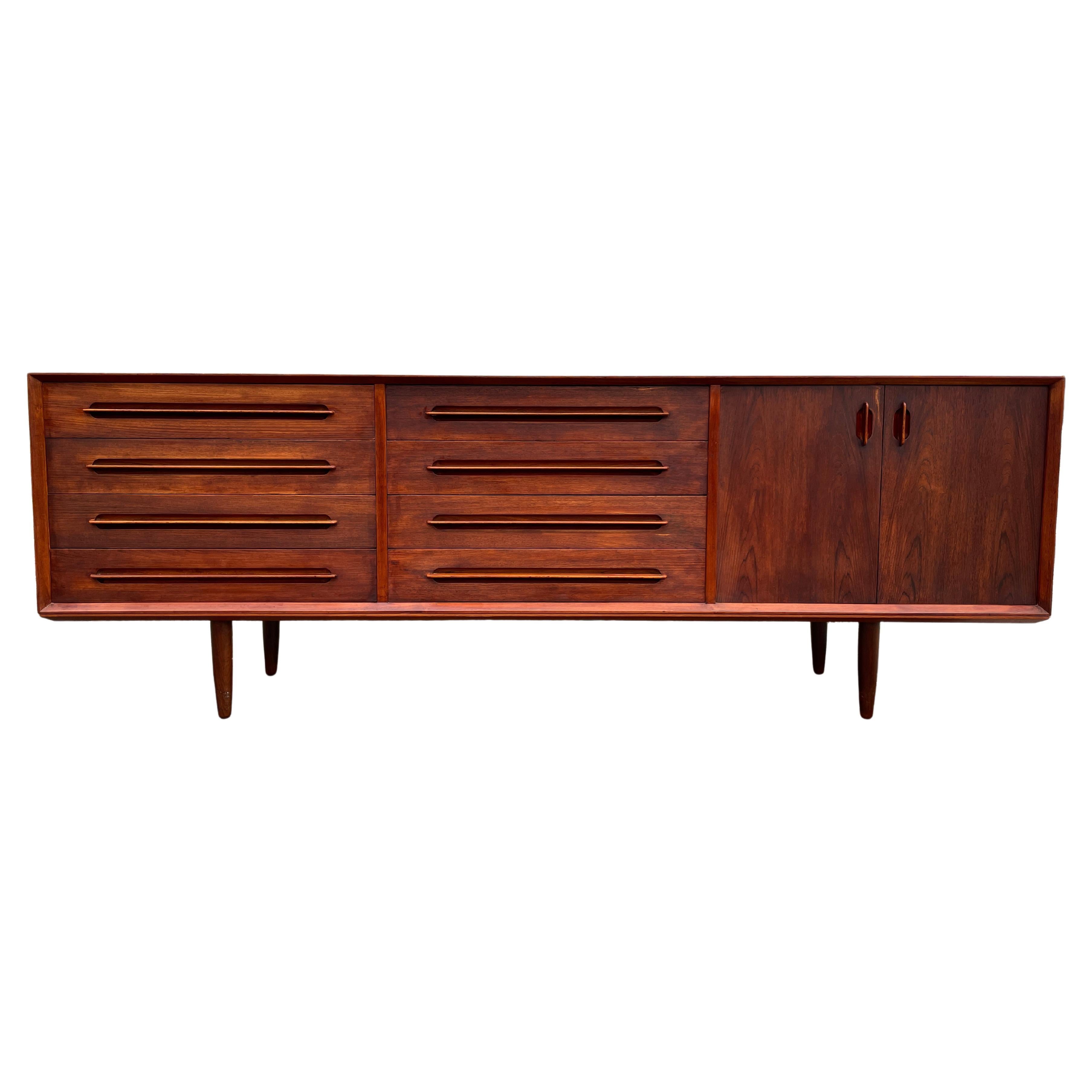Mid Century Danish Modern Teak Long Credenza with 8 Drawers at