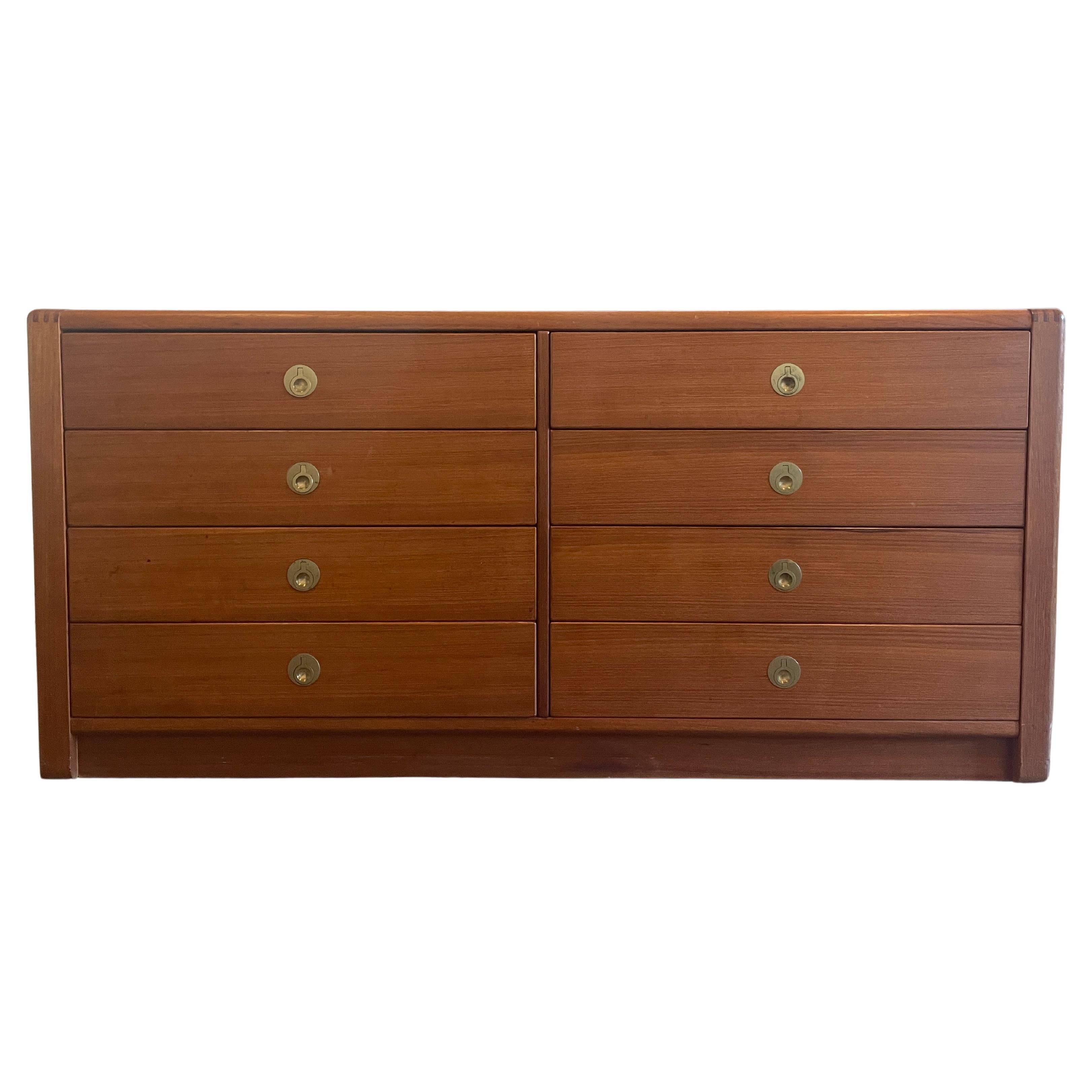 Mid-Century Danish Modern Teak Low 8 Drawer Dresser with Brass Finger Pulls For Sale