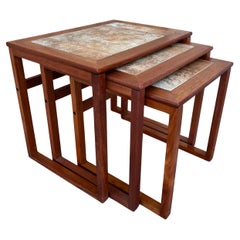 Mid Century Danish Modern Teak Nesting Tables with Tile Inlay. Circa 1970s