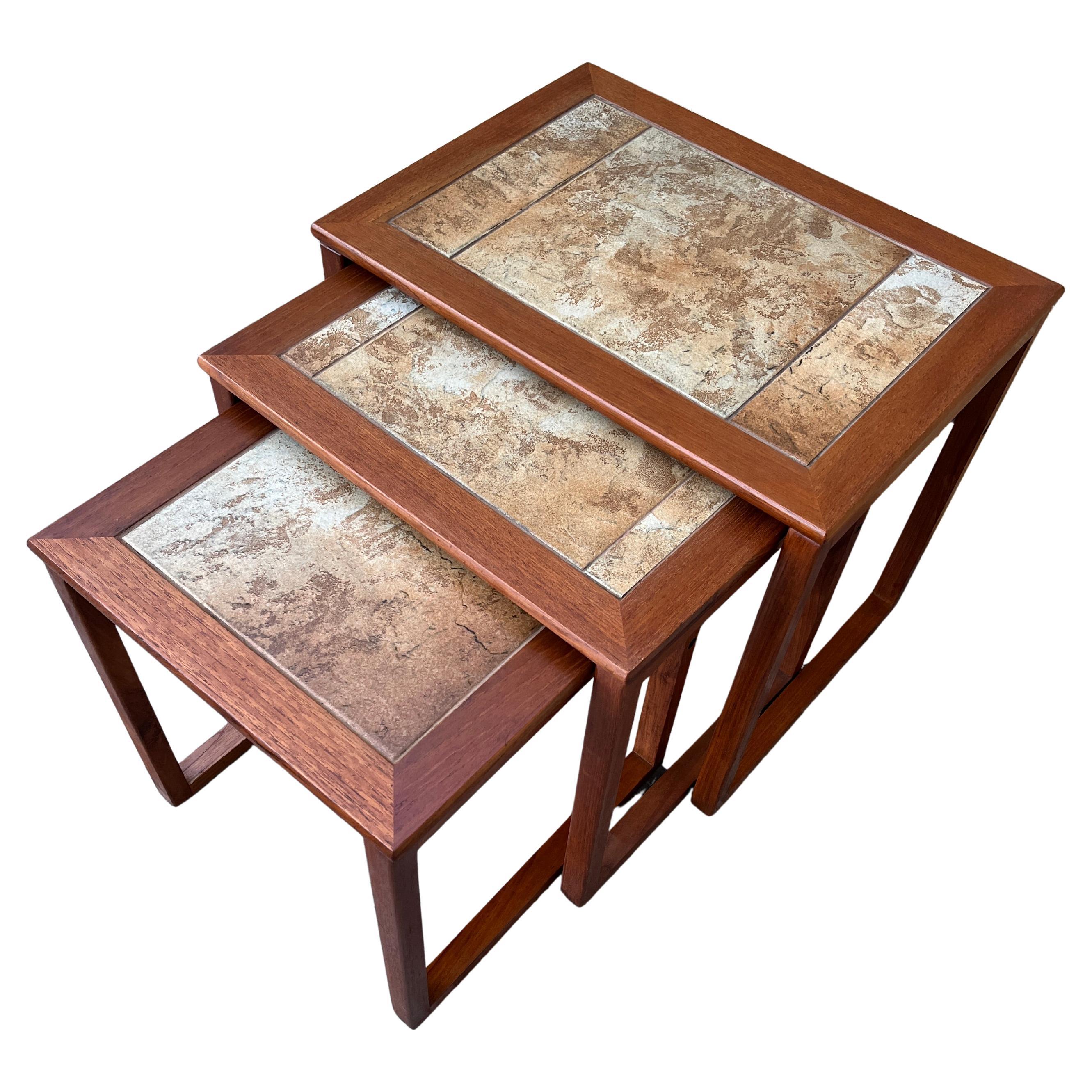 Mid Century Danish Modern Teak Nesting Tables with Tile Inlay. Circa 1970s