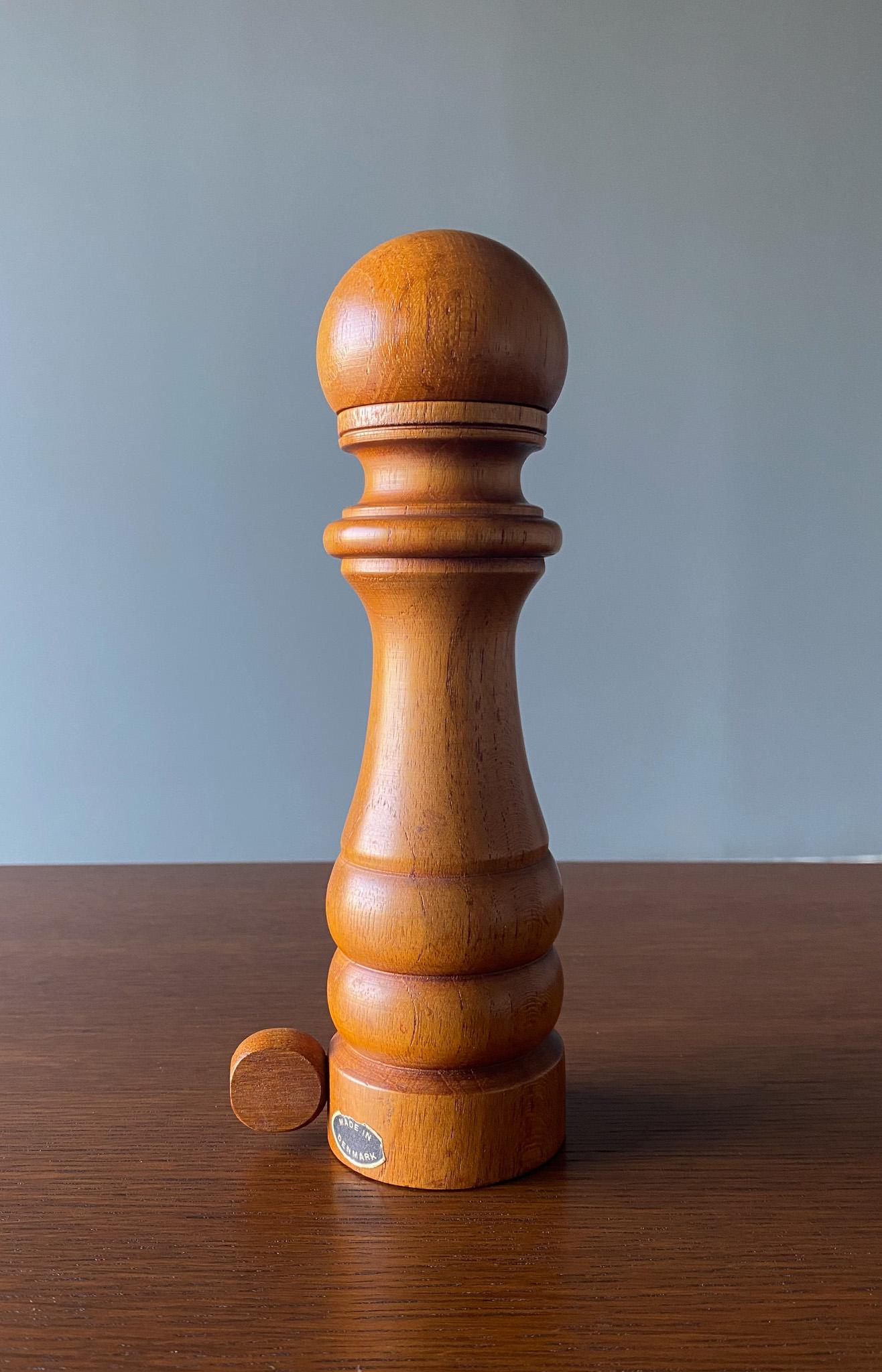 Mid Century Danish Modern Teak Pepper Mill, Denmark, 1960's.  Retains an original made in Denmark label.  