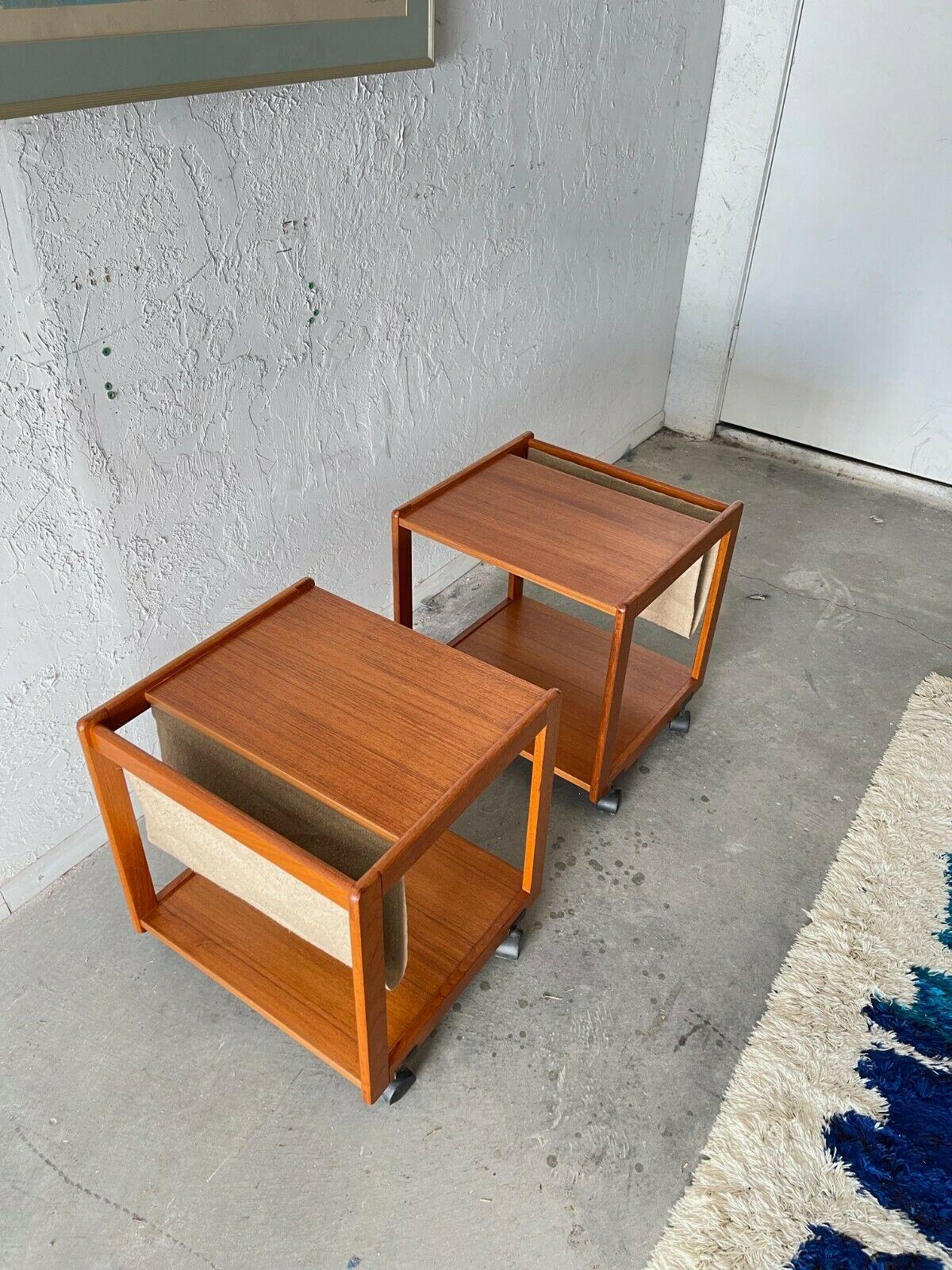 Mid Century Danish Modern Teak Sling Magazine Rack Rolling End Table 2