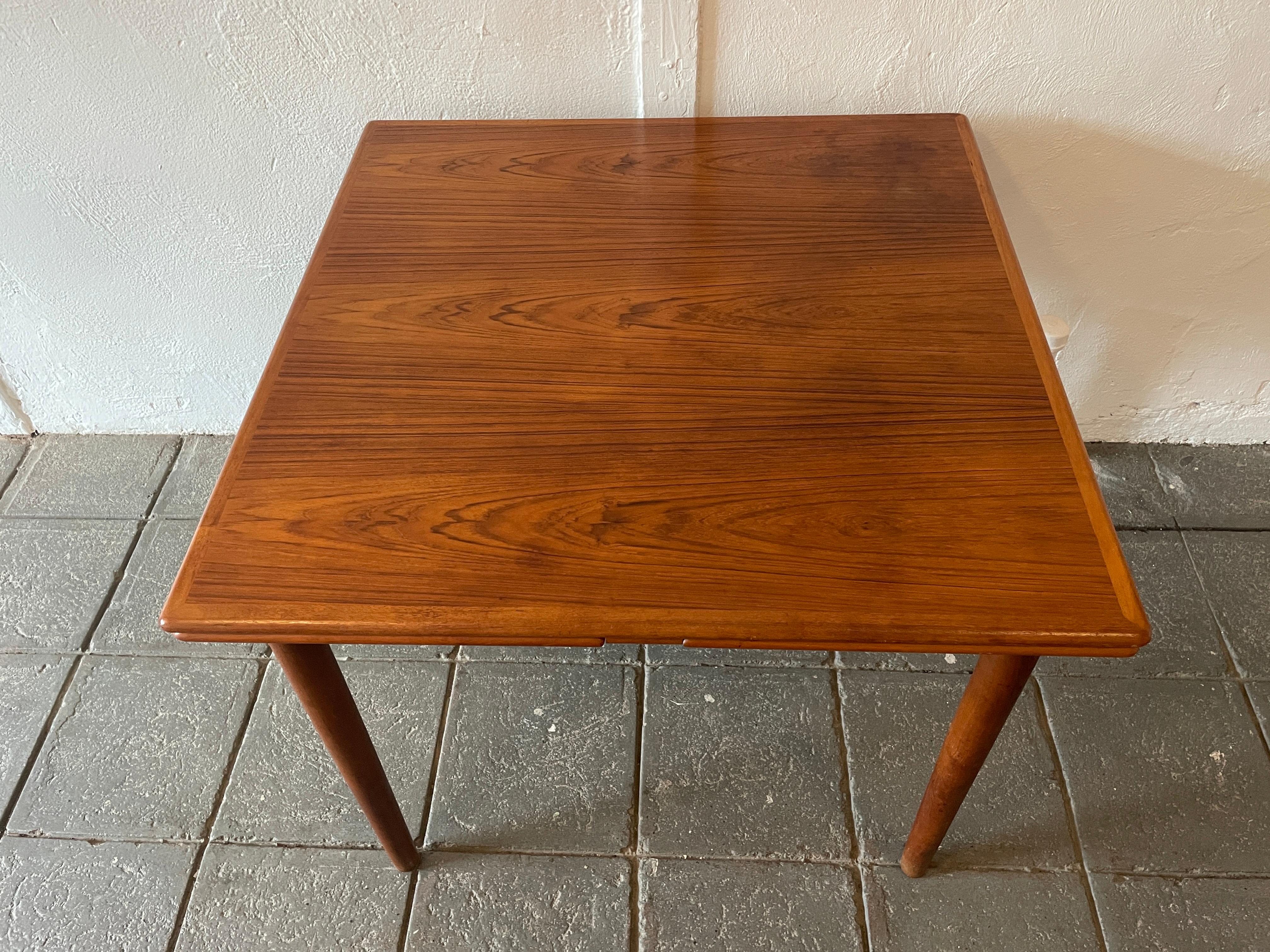 Mid-Century Danish Modern teak small refectory extension dining table. Made in Denmark by AM Mobler
Great vintage condition - All Legs unbolt. Great for small spaces.

Table is square 33.5