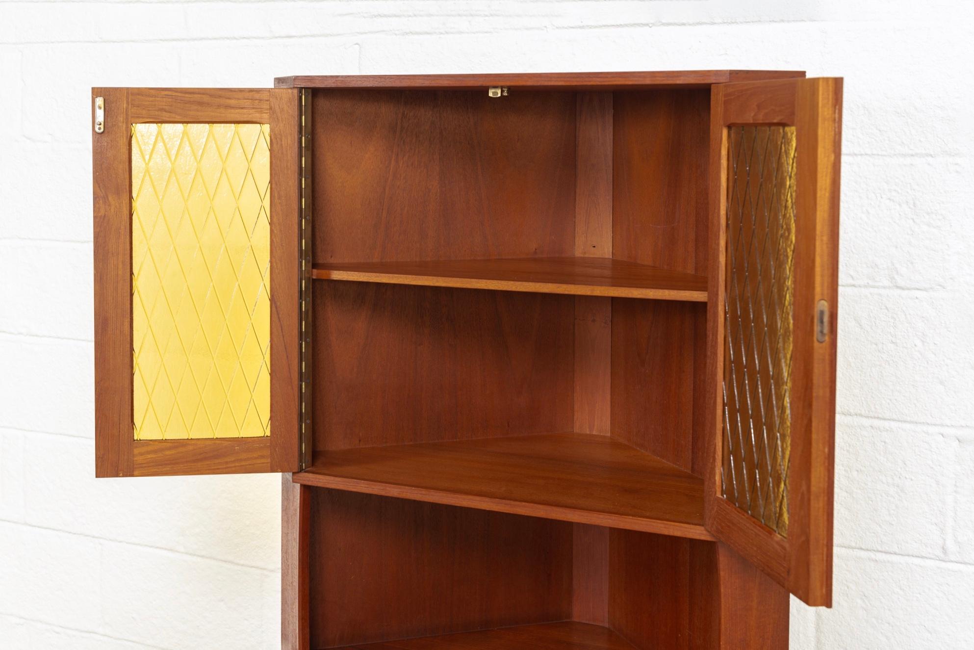 Mid-Century Modern Midcentury Danish Modern Teak Wood & Glass Corner China Cabinet Storage Hutch