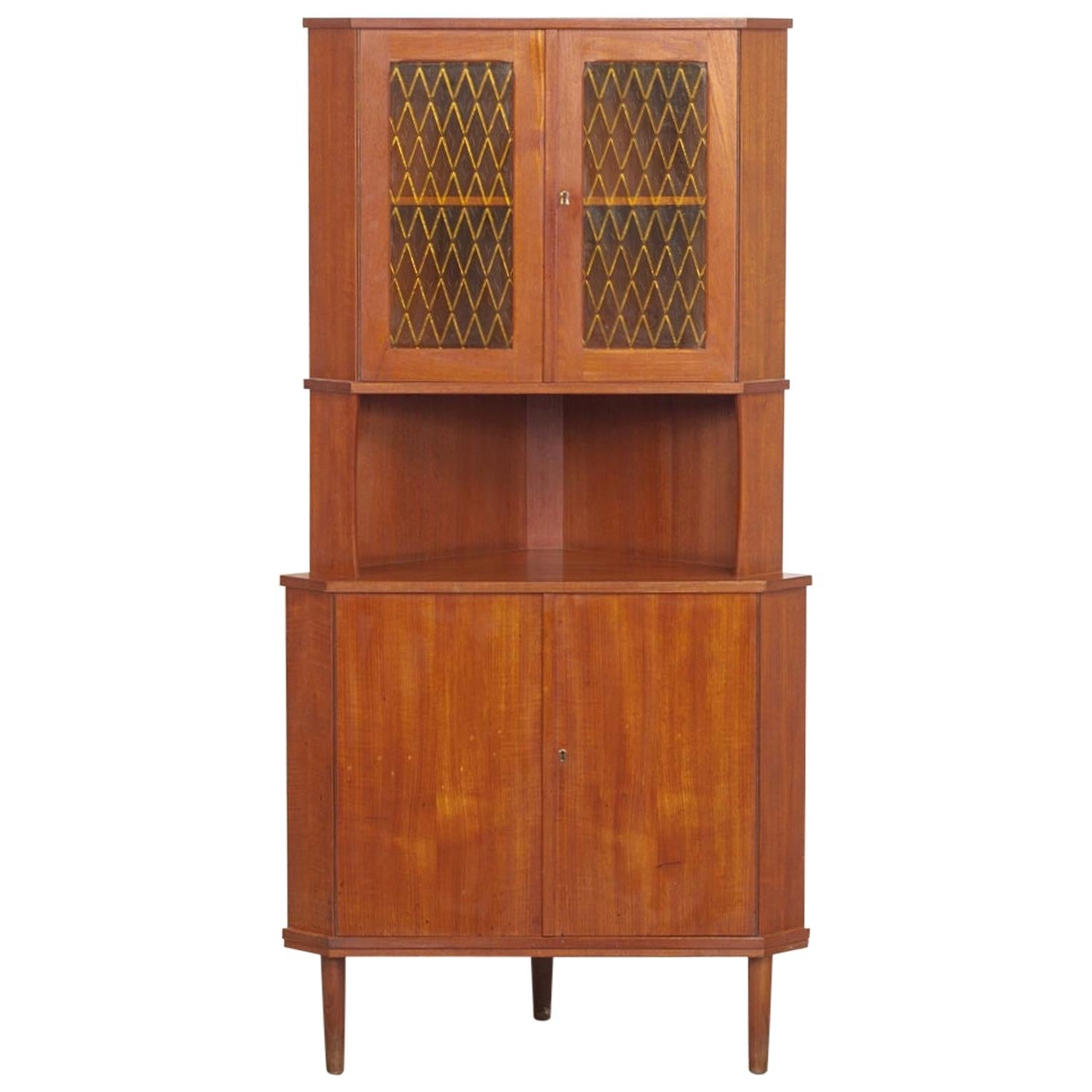 Midcentury Danish Modern Teak Wood & Glass Corner China Cabinet Storage Hutch