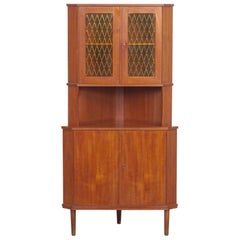 Vintage Midcentury Danish Modern Teak Wood & Glass Corner China Cabinet Storage Hutch