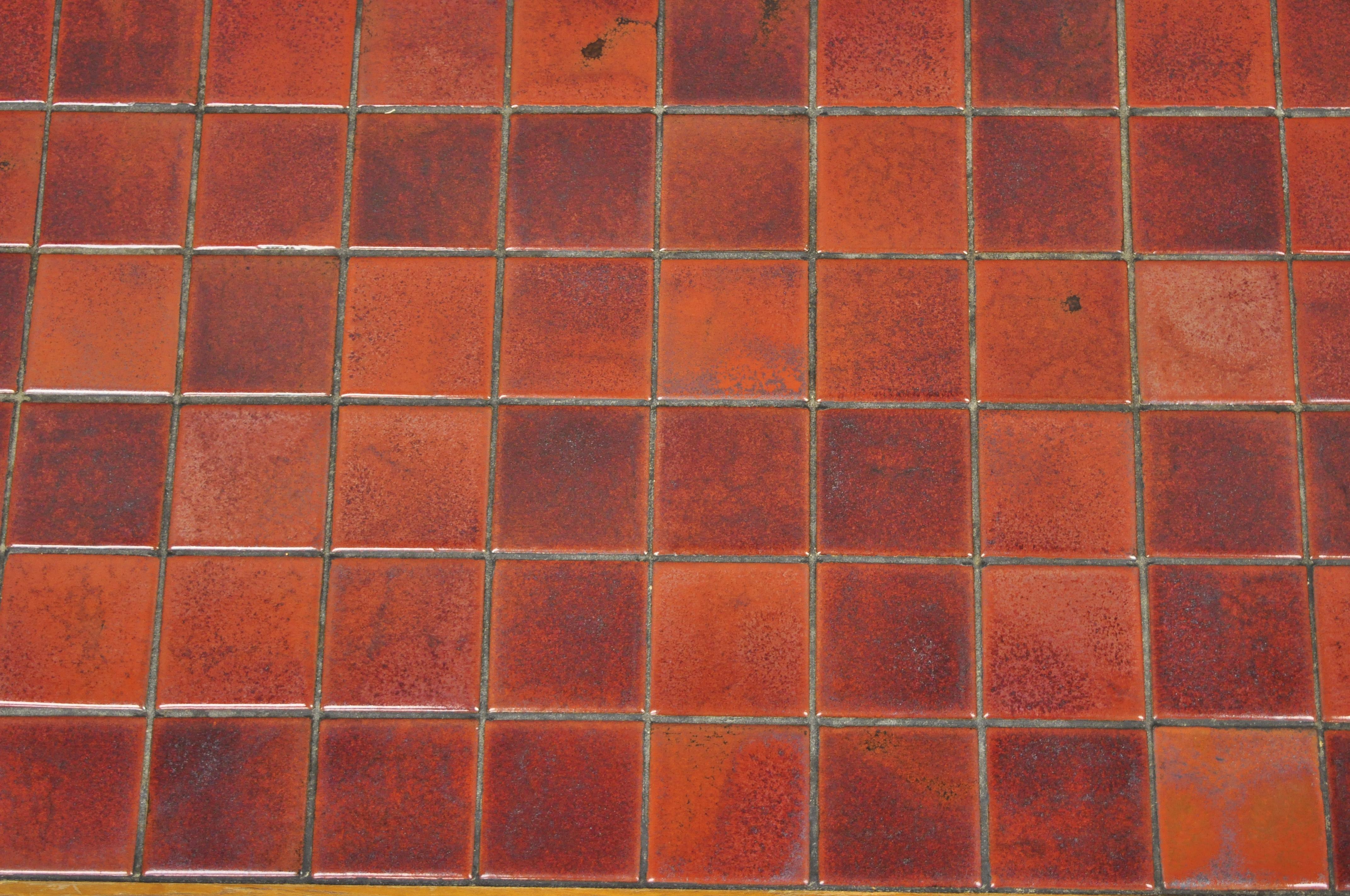 Mid-Century Modern Mid Century Danish Modern Teak Wood Red Mosaic Tile Top Long Coffee Table