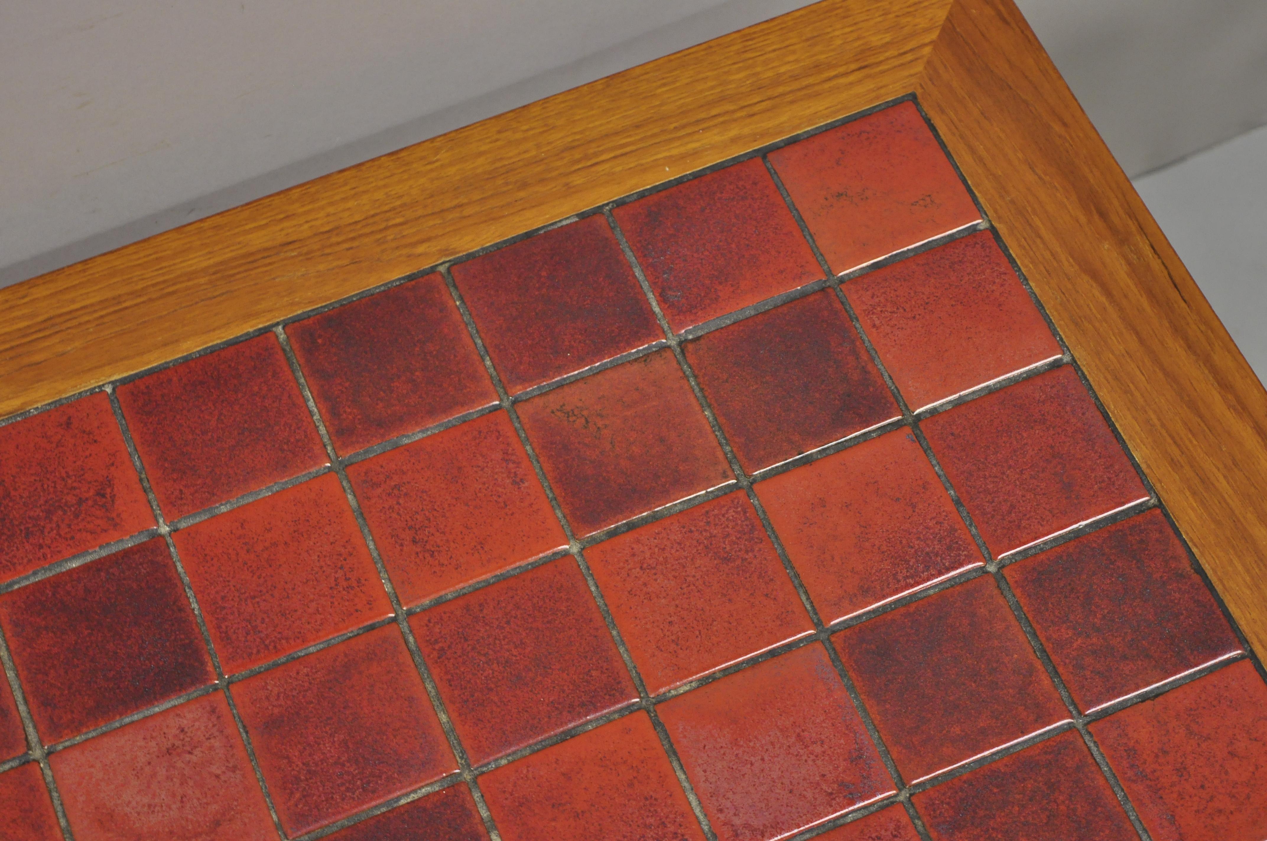 Mid Century Danish Modern Teak Wood Red Mosaic Tile Top Long Coffee Table In Good Condition In Philadelphia, PA
