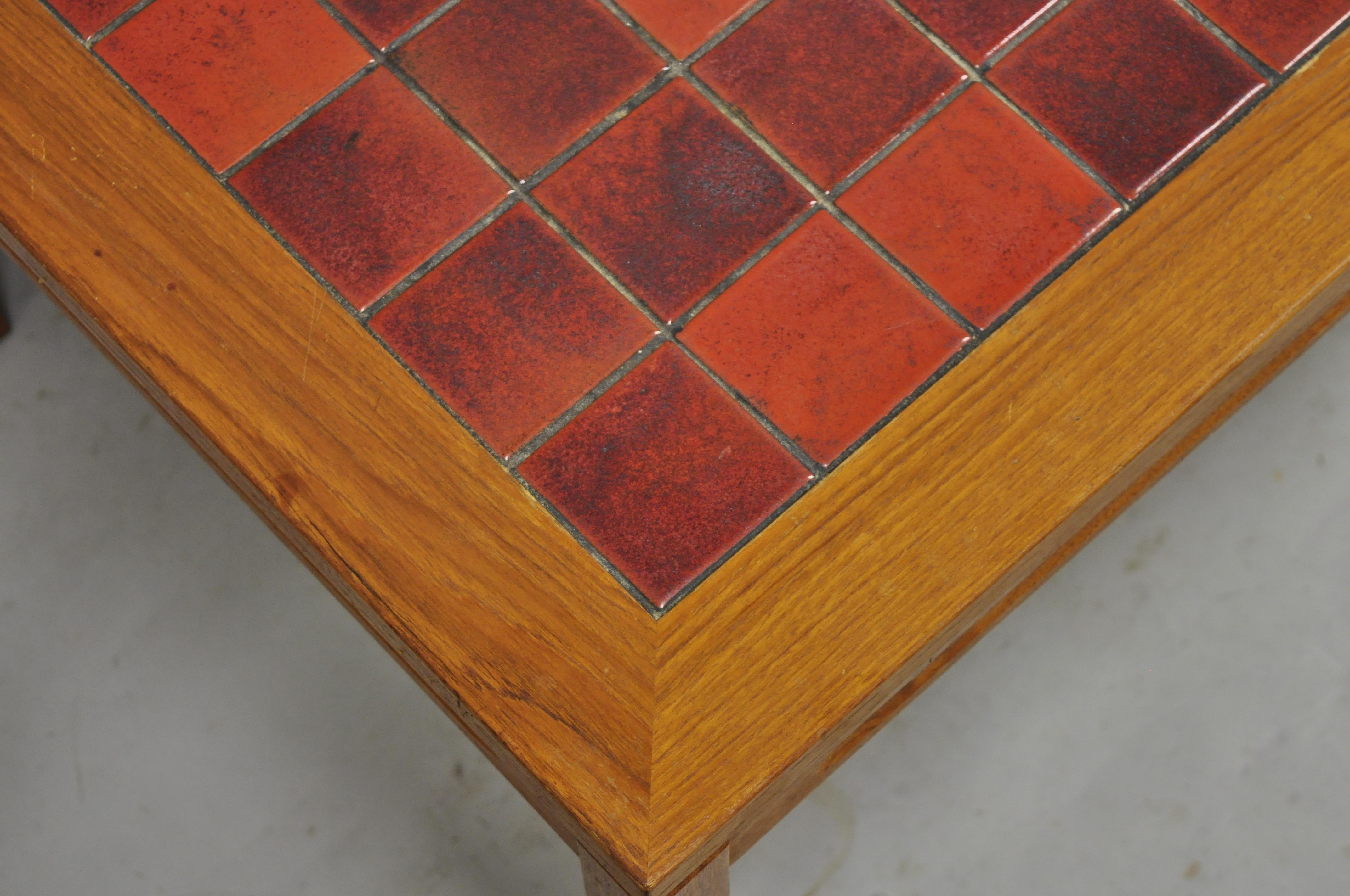 20th Century Mid Century Danish Modern Teak Wood Red Mosaic Tile Top Long Coffee Table