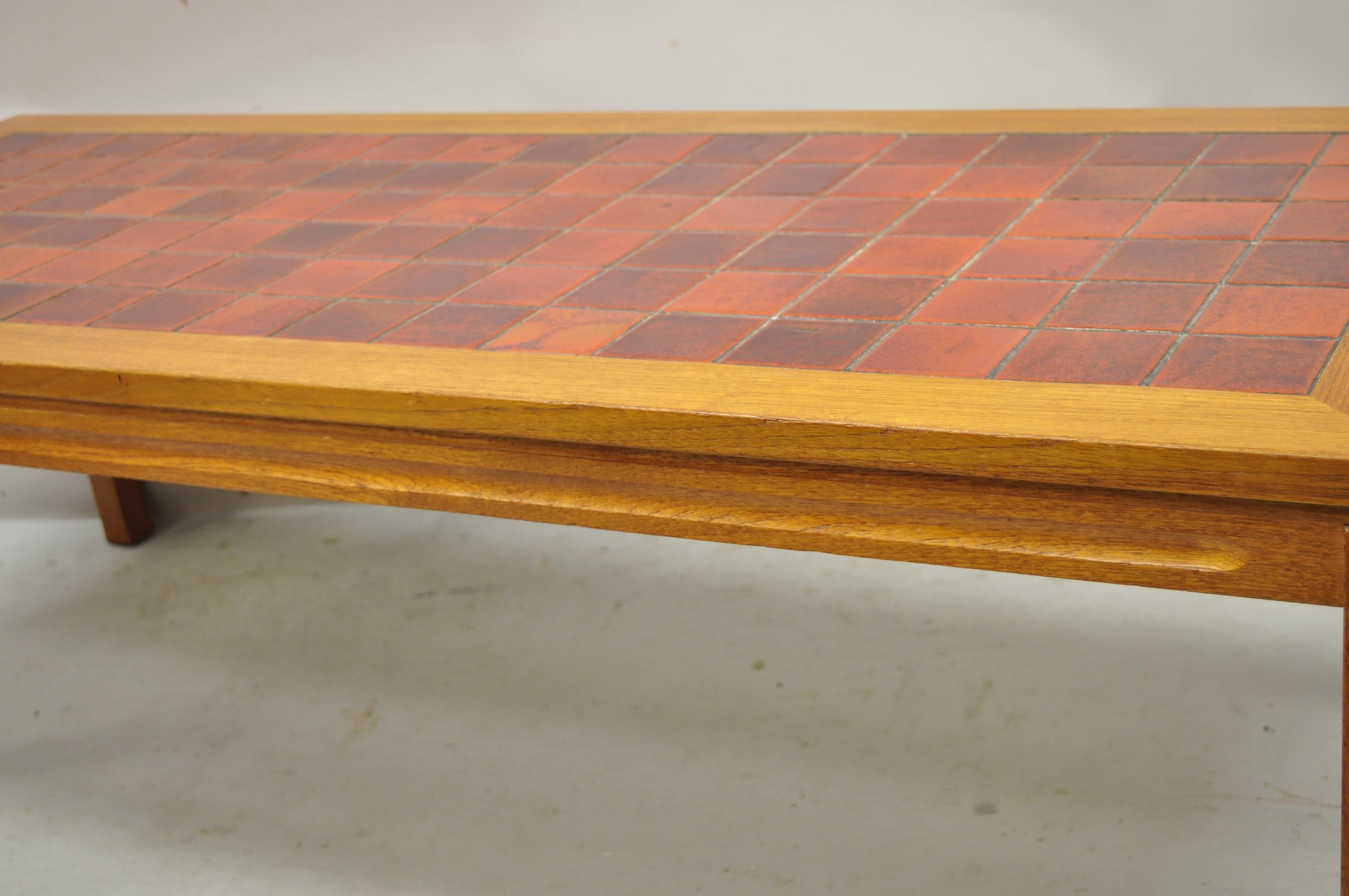 Porcelain Mid Century Danish Modern Teak Wood Red Mosaic Tile Top Long Coffee Table