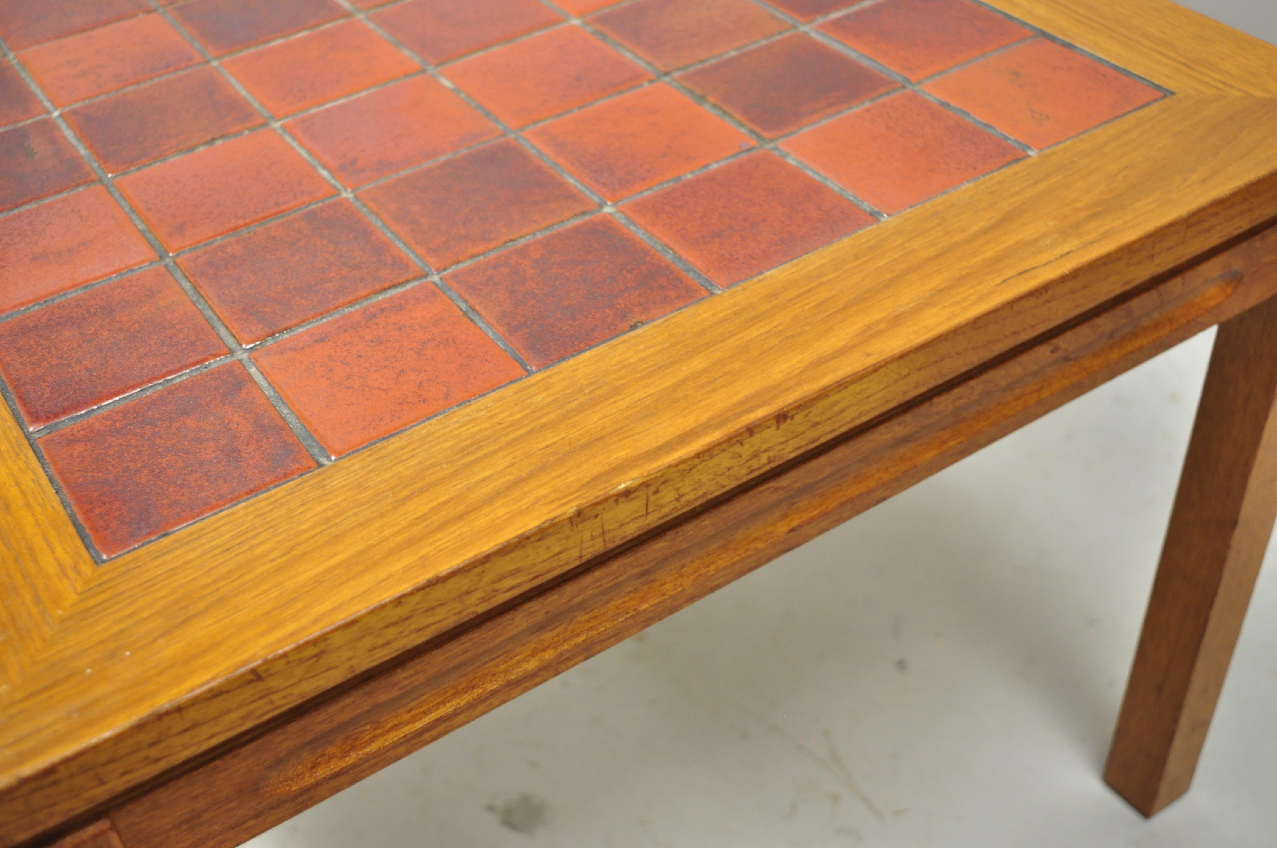 Mid Century Danish Modern Teak Wood Red Mosaic Tile Top Long Coffee Table 1