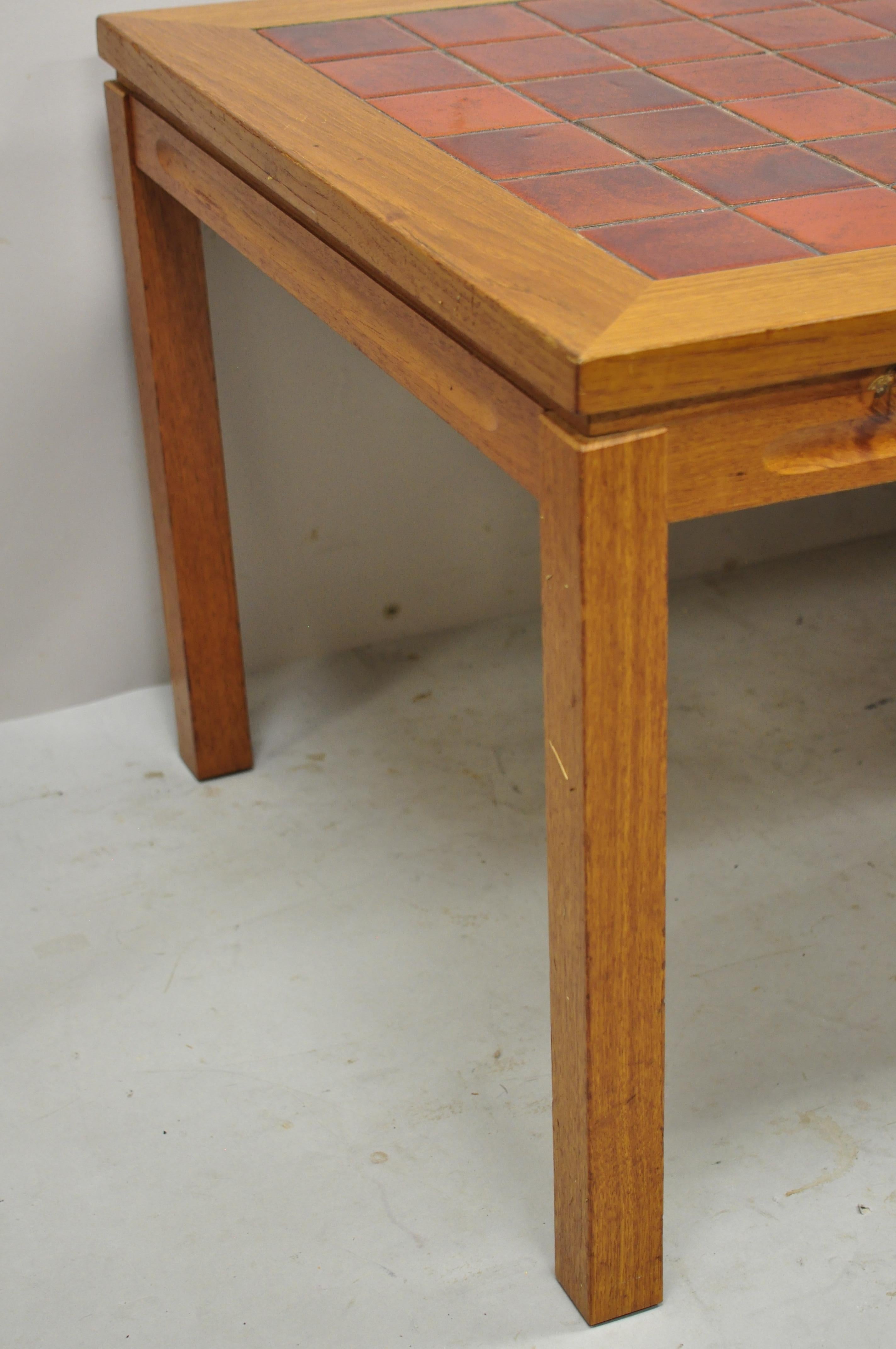 Mid Century Danish Modern Teak Wood Red Mosaic Tile Top Long Coffee Table 2