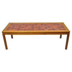 Mid Century Danish Modern Teak Wood Red Mosaic Tile Top Long Coffee Table