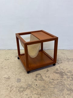 Mid-Century Danish Modern Teak Wood Rolling End Table With Magazine or Book Hold