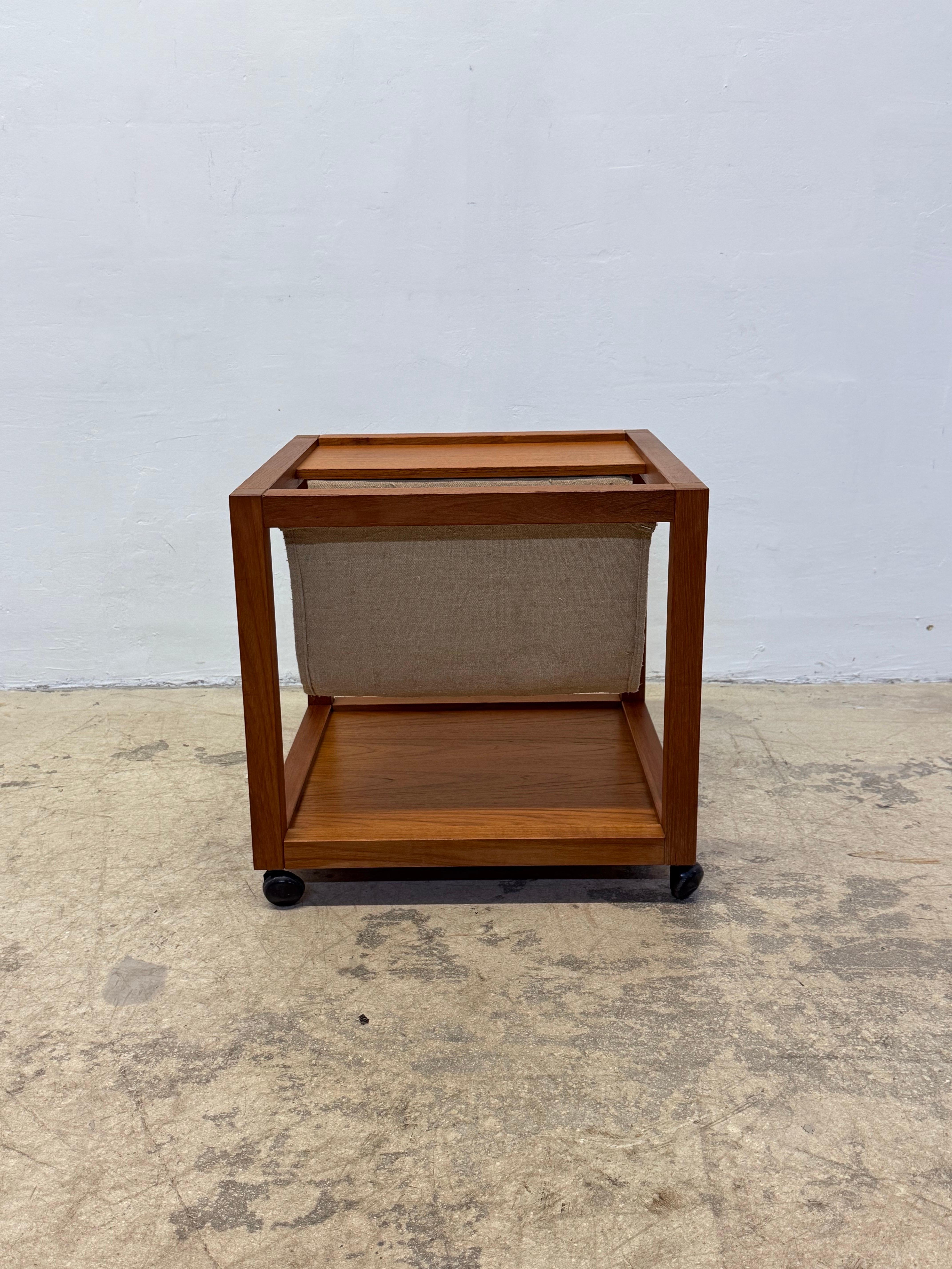 Mid-Century Modern Mid-Century Danish Modern Teak Wood Rolling End Table With Magazine or Book Hold For Sale