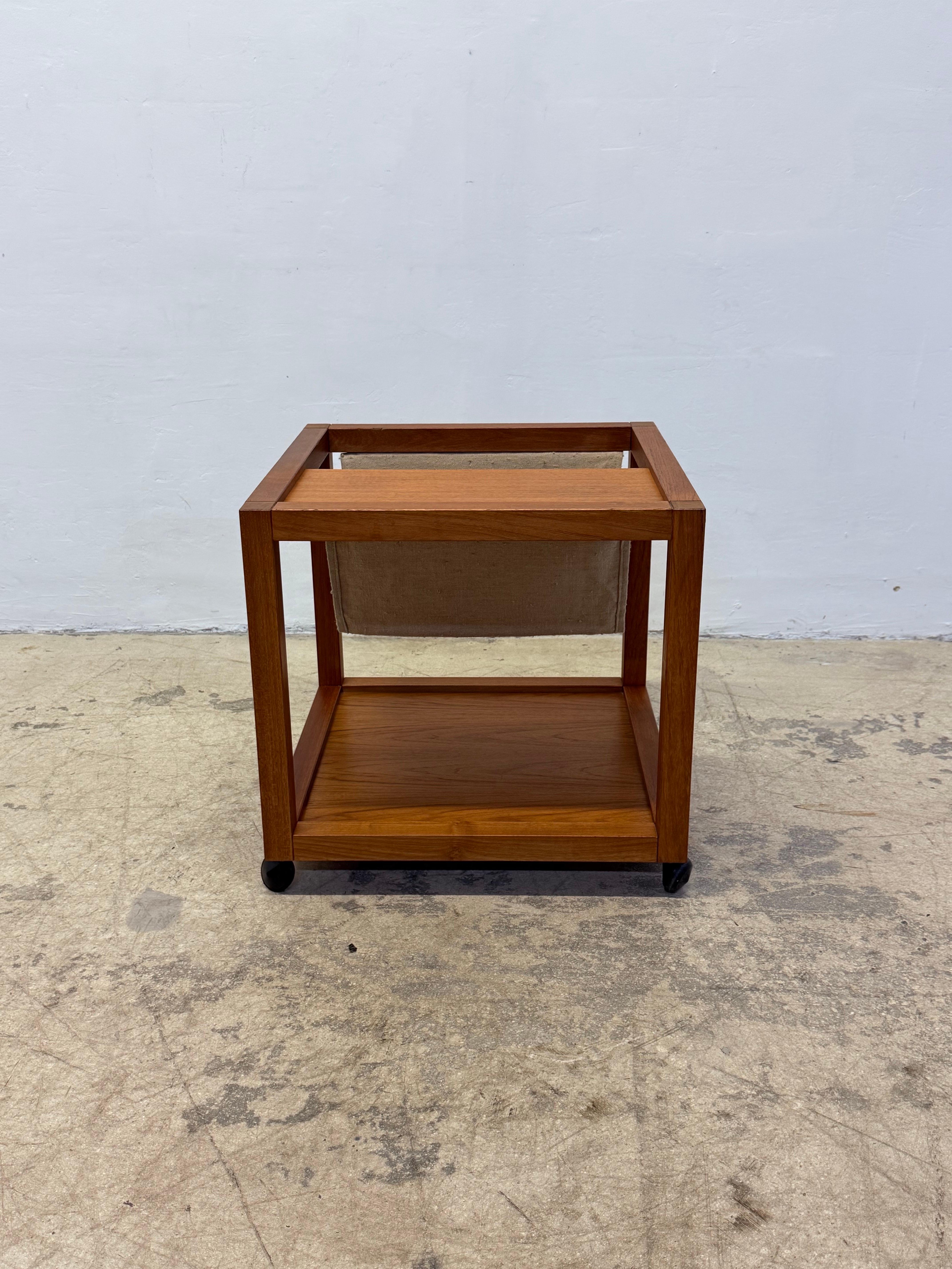 20th Century Mid-Century Danish Modern Teak Wood Rolling End Table With Magazine or Book Hold For Sale