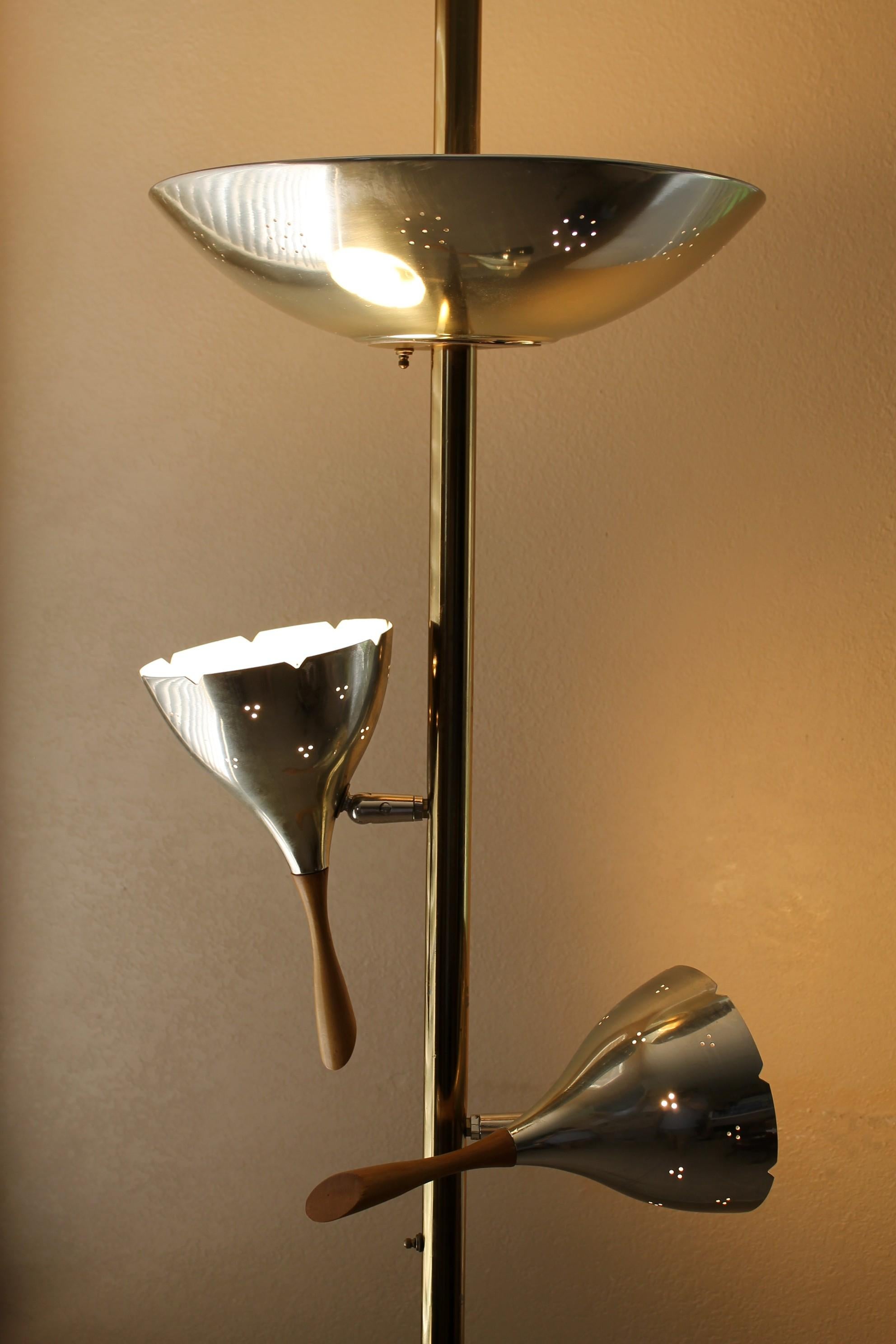 Mid-Century Modern Mid Century Danish Modern Tension Pole Lamp Brushed Brass Maple Stiffel Era 50s For Sale