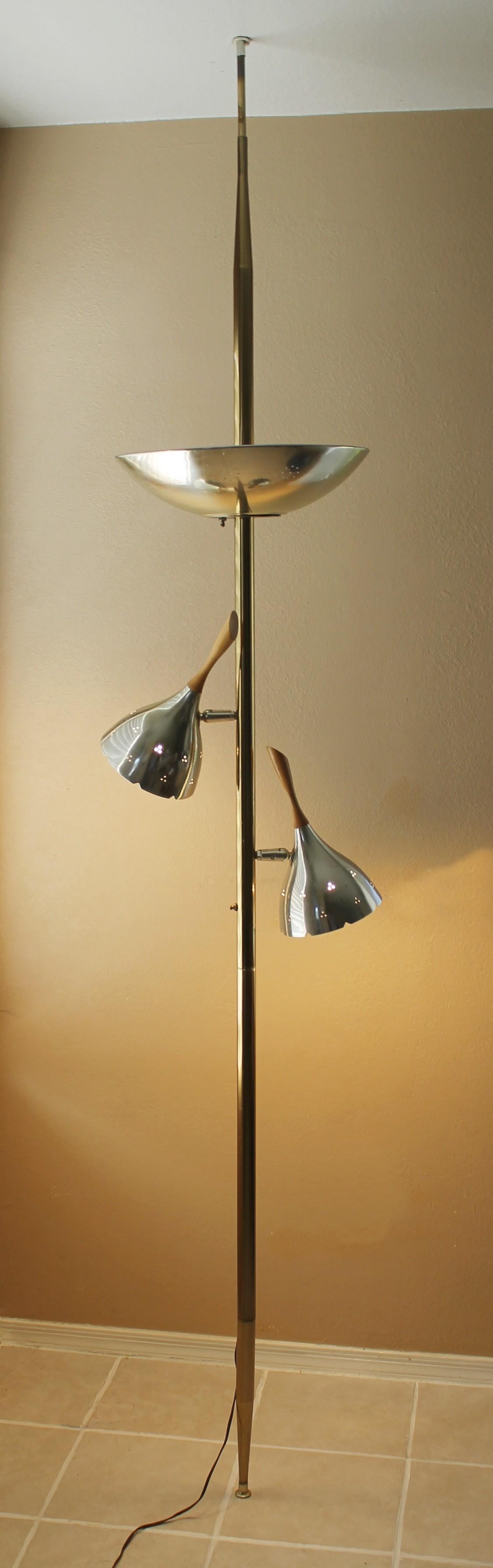 20th Century Mid Century Danish Modern Tension Pole Lamp Brushed Brass Maple Stiffel Era 50s For Sale