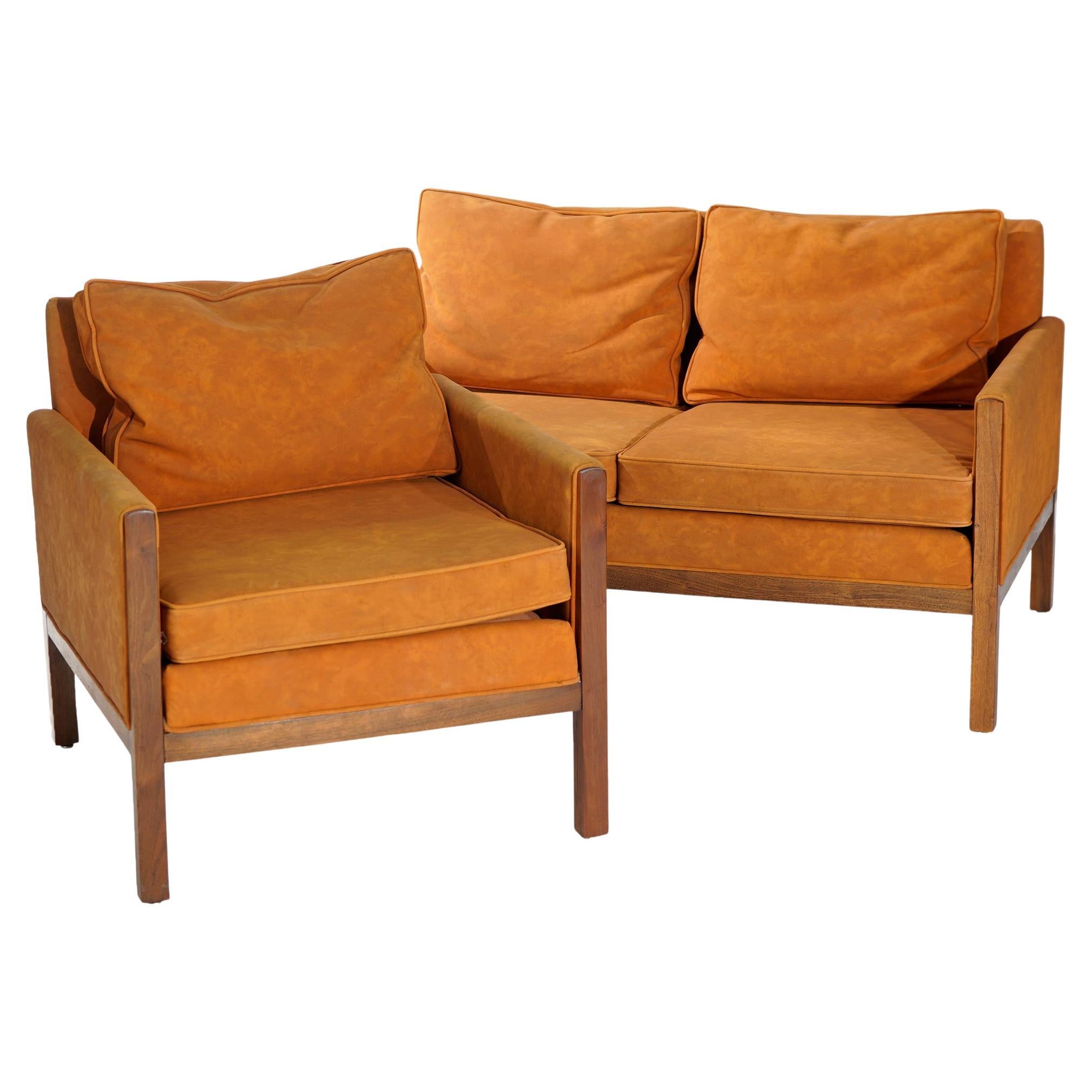 Mid Century Danish Modern Thomasville Walnut & Faux Leather Sofa & Chair 20thC For Sale