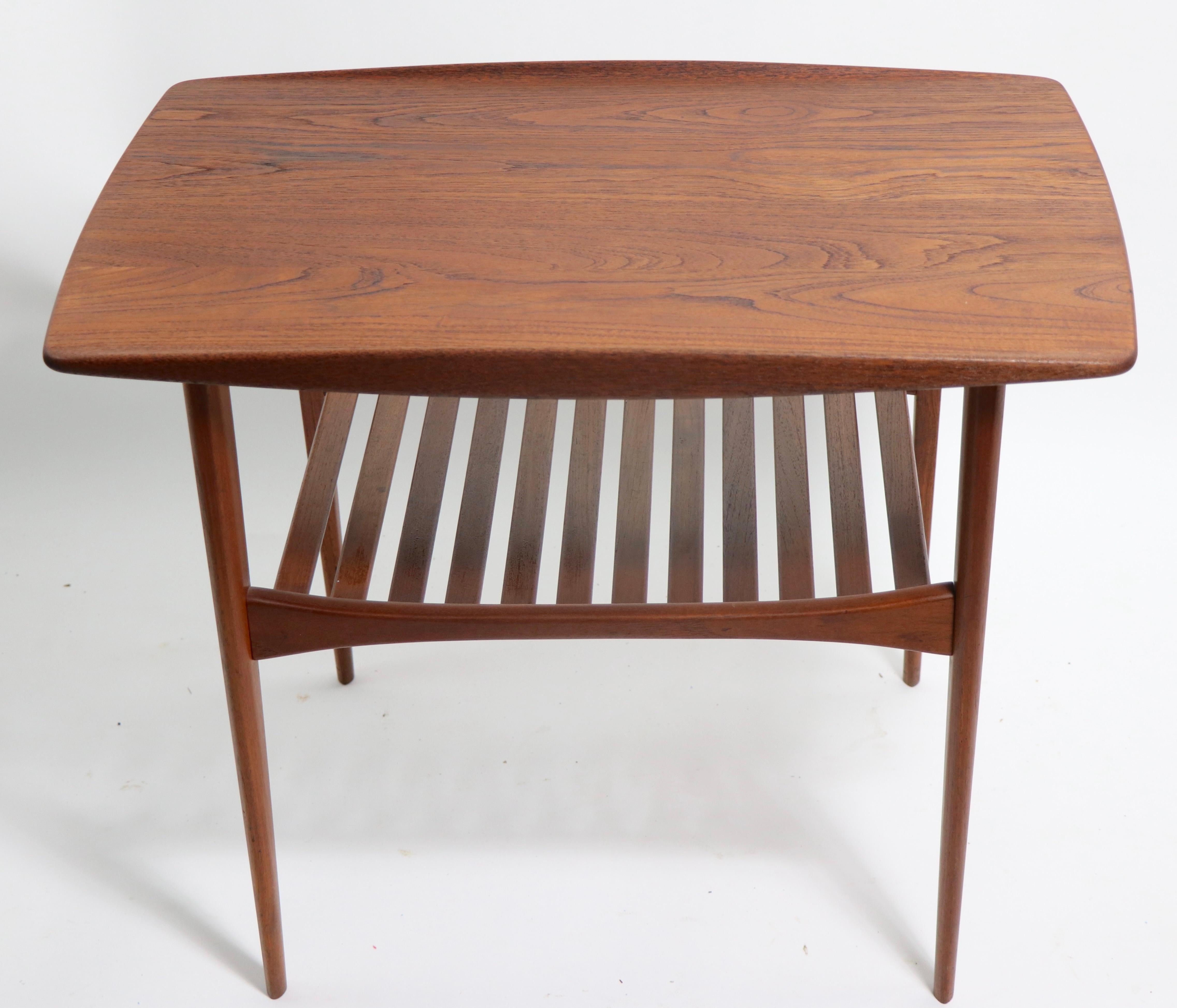 Iconic Danish side or end, table designed by Tove & Edvard Kindt-Larsen, for John Stuart. This example has been newly professionally refinished, and is in excellent, clean and ready to use condition. 
 Total H inc. edge 23 in. x H to Table Top 22