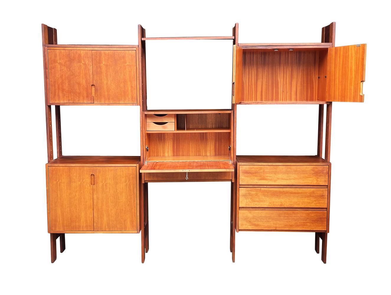 Scandinavian Modern Mid Century Danish Modern Wall Unit with Shelves & Cabinets with Desk in Teak For Sale